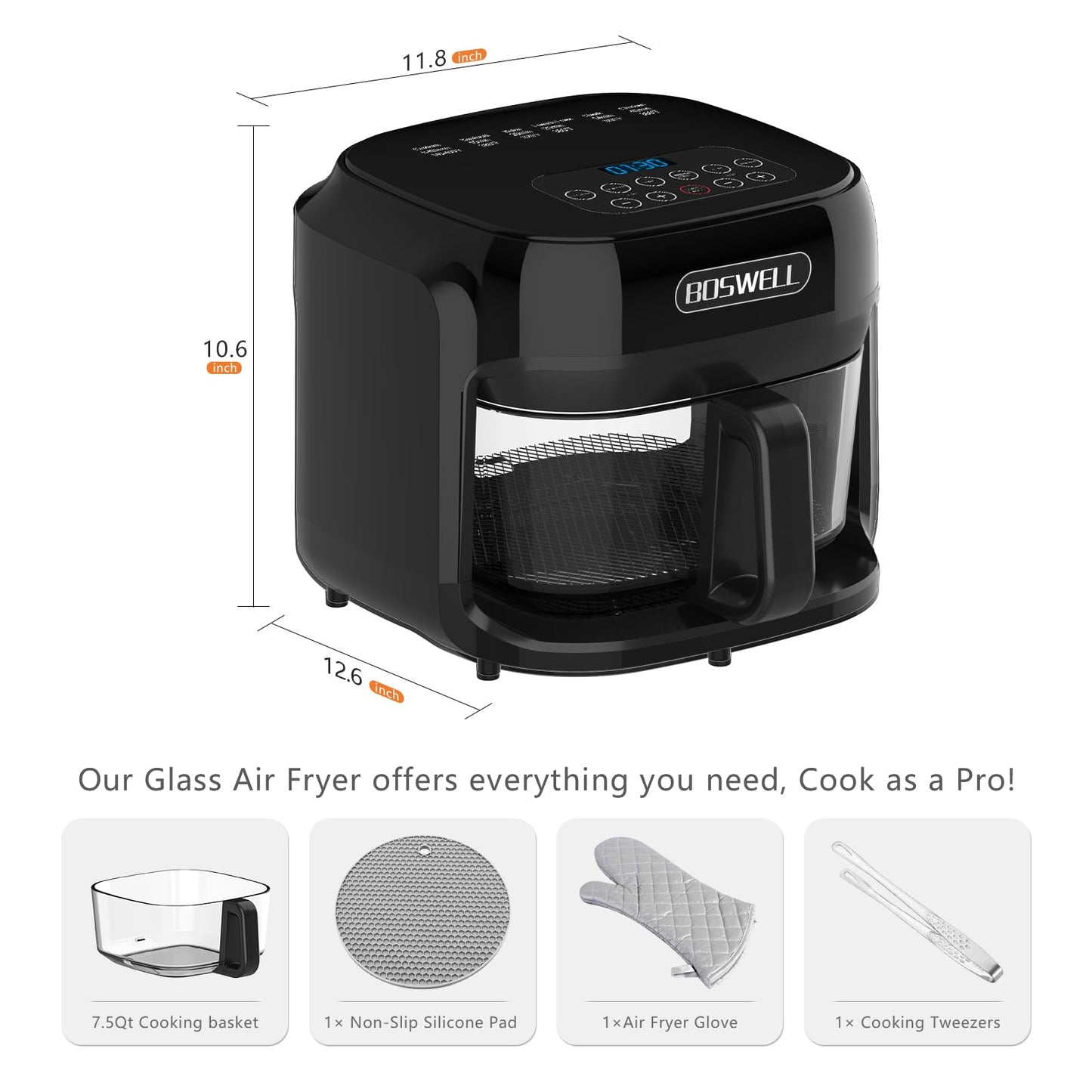 BOSWELL Glass Air Fryer, 7.5QT with Transparent Fry Bowl, Circulating Heating, Temperature Control, Air Fryer Roast, Dishwasher Safe
