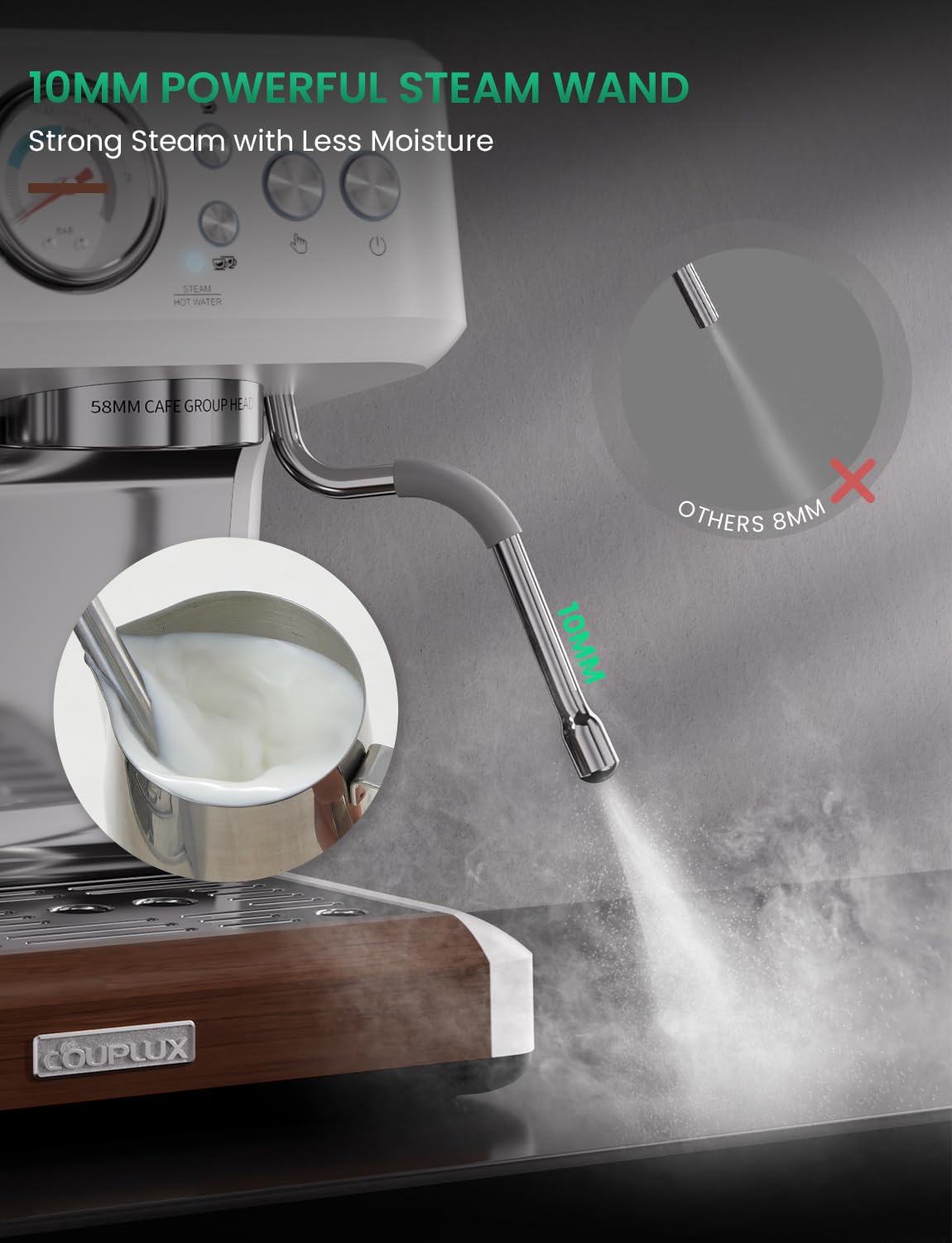 COUPLUX Espresso Machine, 58MM Professional Espresso Machine with Grinder Powerful Milk Frother Steam Wand 15 Bar Espresso Coffee Machine For Home Cappuccino & Latte Machine Stainless Steel