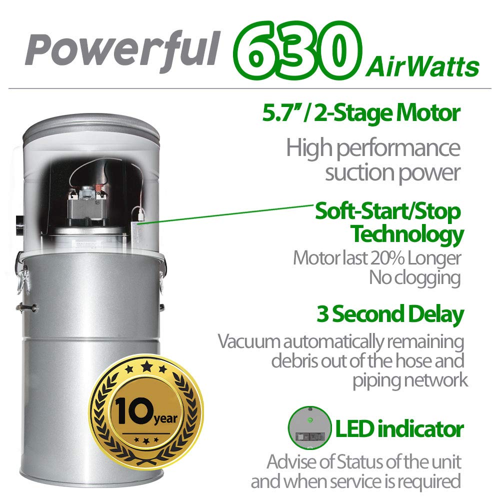 OVO Large and Powerful Central Vacuum System, Hybrid Filtration (with or Without Disposable Bags), 25L or 6.6 Gal, 630 Airwatts + 30 ft Premium Deluxe Plus Accessory Kit