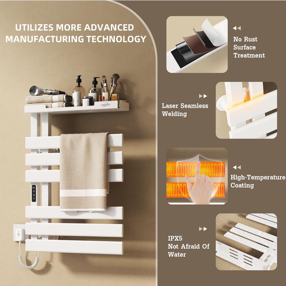 JSDQQG Smart Heated Towel Racks for Bathroom,Electric Towel Warmer Rack Voice Control,WiFi Heated Towel Rack Wall Mounted,Towel Warming Rack with Top Shelf and Led Timer,Flat Widen 6 Bar,White
