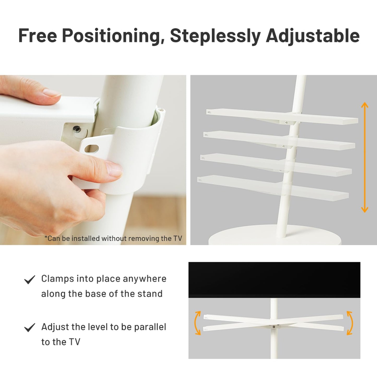 WALL Seven Stand A2 Large | Rolling TV Stand for 45–80" w/ 37.4" Soundbar Shelf | Satin White | Portable TV Stand with Shelf | Height Adjustable, Space Saving, for Living Room and Bedroom