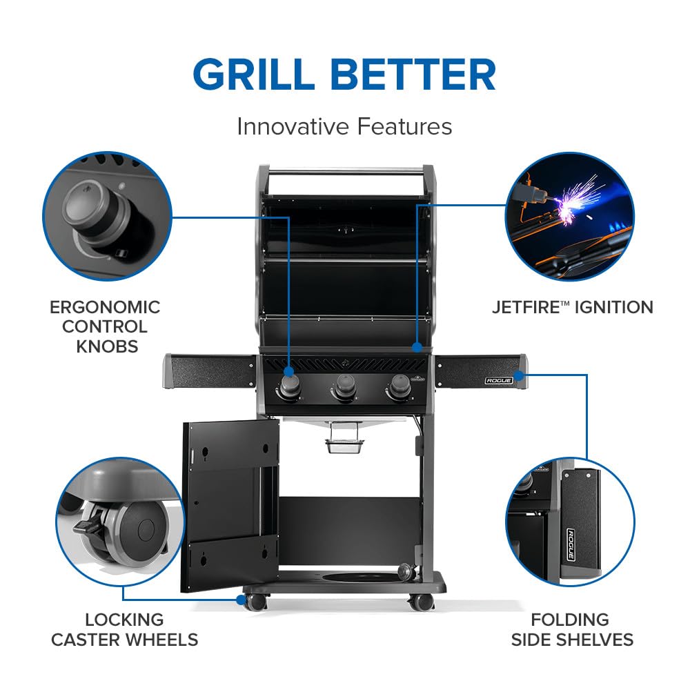 Napoleon Rogue 425 Propane Gas Grill, Black, Durable 3-Burner BBQ