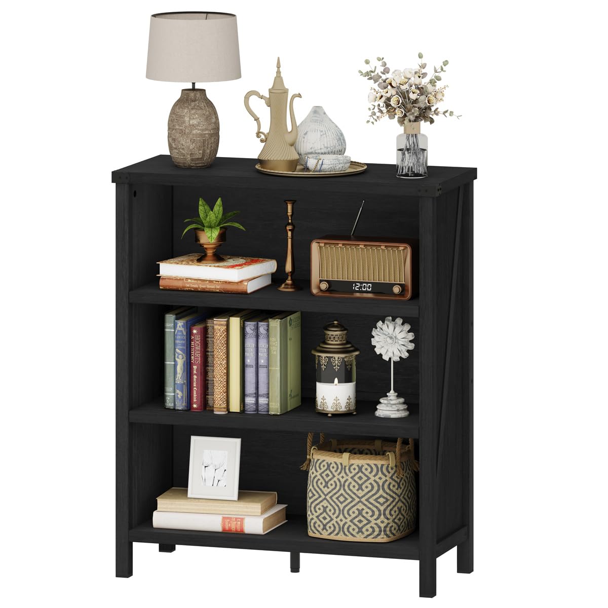 BON AUGURE Small Bookshelf, 3 Tier Black Book Shelf, Farmhouse Storage Bookcase, Short Wooden Book Cases for Small Space, Office, Bedroom, Living Room (Black Oak)