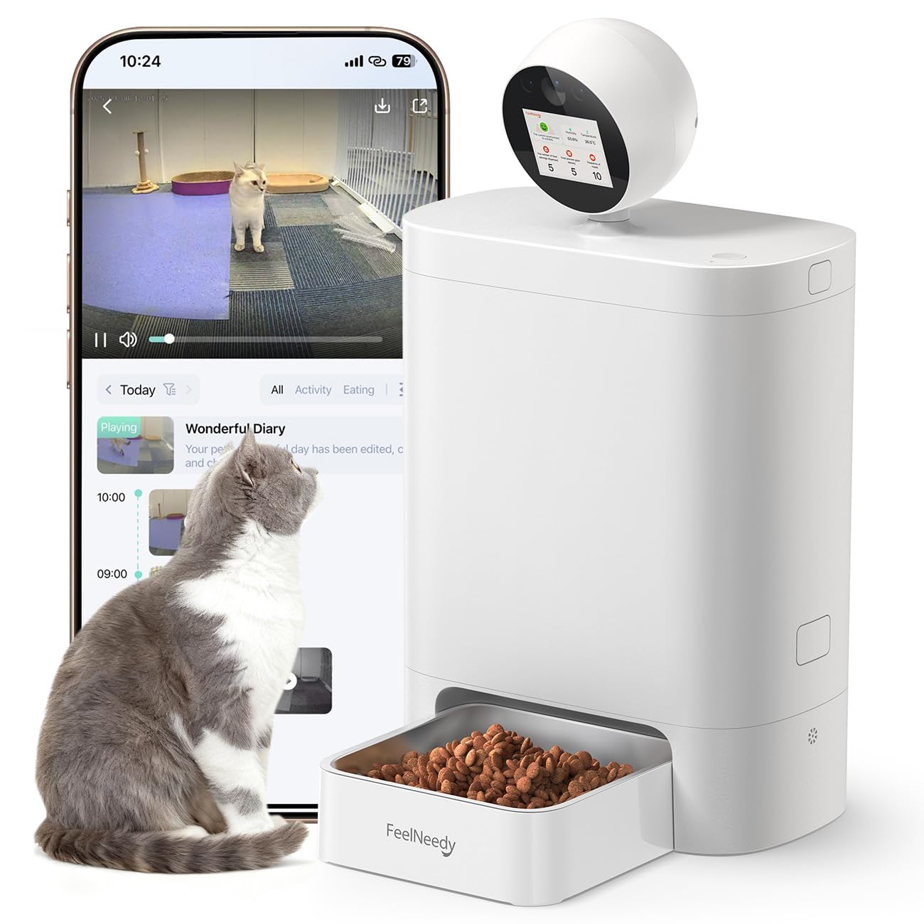 Automatic Cat Feeder with Camera 360°, 2K HD with Night Vision & 2-Way Audio Auto Dog Feeder, 2.4G/5G Smart Pet Feeder with Display & APP, 5.5L Video Recording Timed Food Dispenser for Cats/Dogs