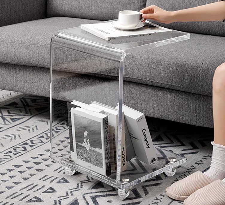 ONELUX Mobile C Shaped End Table,Acrylic Sofa Side Table, Snack Table On Wheels,Clear Rolling Table