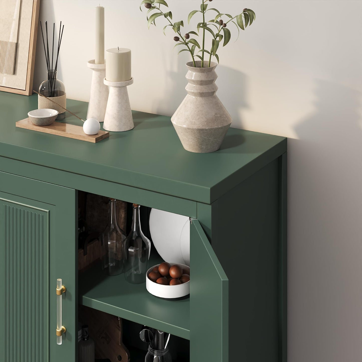 Jocoevol 55" Buffet Cabinet with Storage, Modern Fluted Door Design Sideboard Buffet Cabinet with Adjustable Shelf, Coffee Bar Station for Kitchen, Dining Room, Green