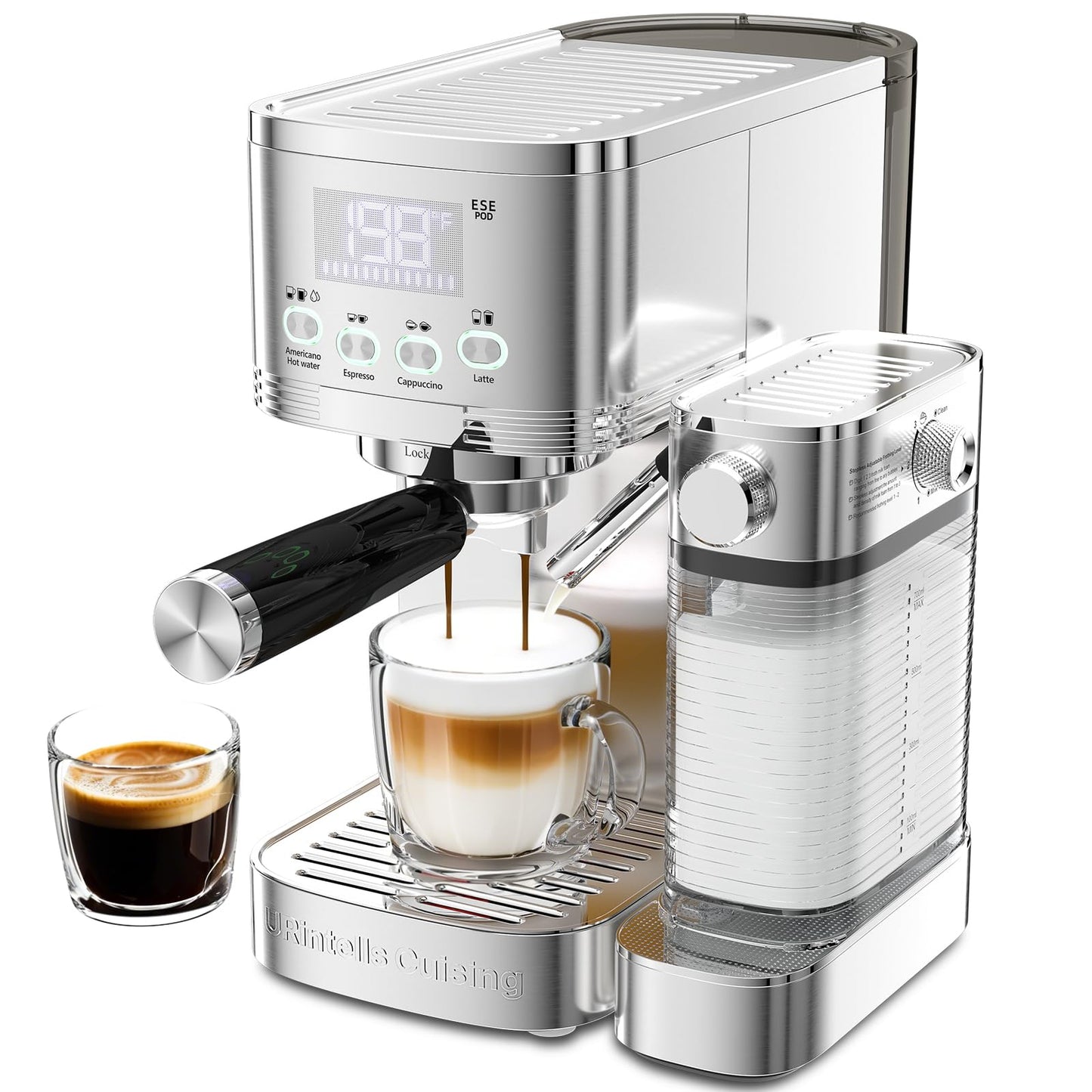 Espresso Machine 20 Bar Temperature Time LED Display Espresso Maker with Stepless Adjustable Automatic Milk Frother for Cappuccino Latte Americano Stainless Steel Coffee Machine with ESE Pod Filter