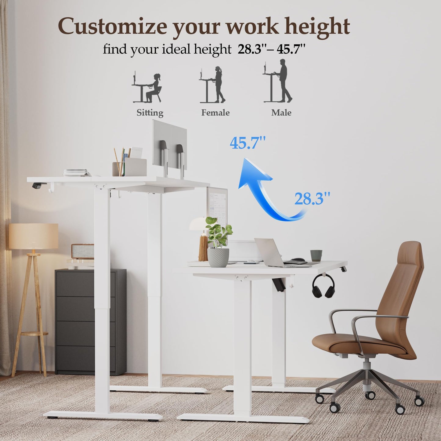 Klicelor 60 Inch Large Electric Standing Desk, Height Adjustable Office Desk, Sit Stand Up Computer Gaming Desk with Memory Preset, Two-Piece Desktop, White