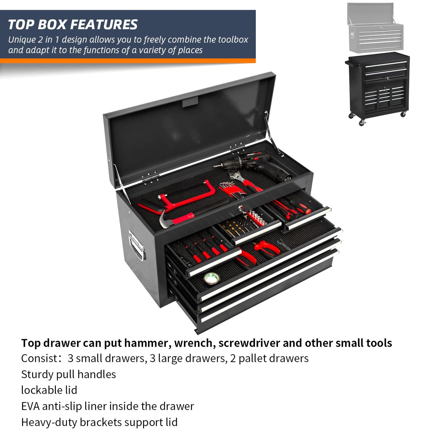 DUSACOM 8-Drawer High Capacity Rolling Tool Chest with Wheels, Big Tool Storage Removable Tool Box Combo, Tool Storage Cabinet