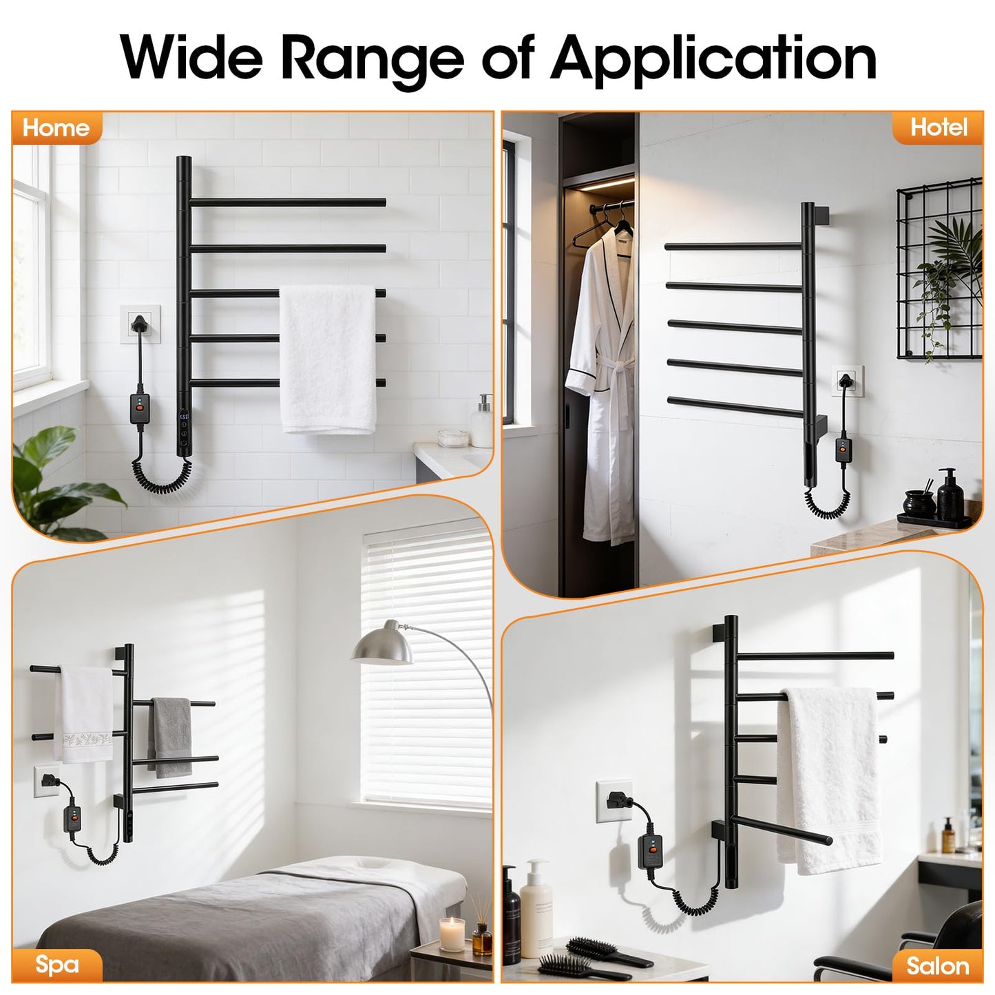 Swivel Heated Towel Rack, 180° Rotating, 5 Bars, Wall-Mounted, Electric Towel Warmer with Touch Panel, 1H-9H Timer, Temperature Regulation for Bathroom, Home, Salons and Spas