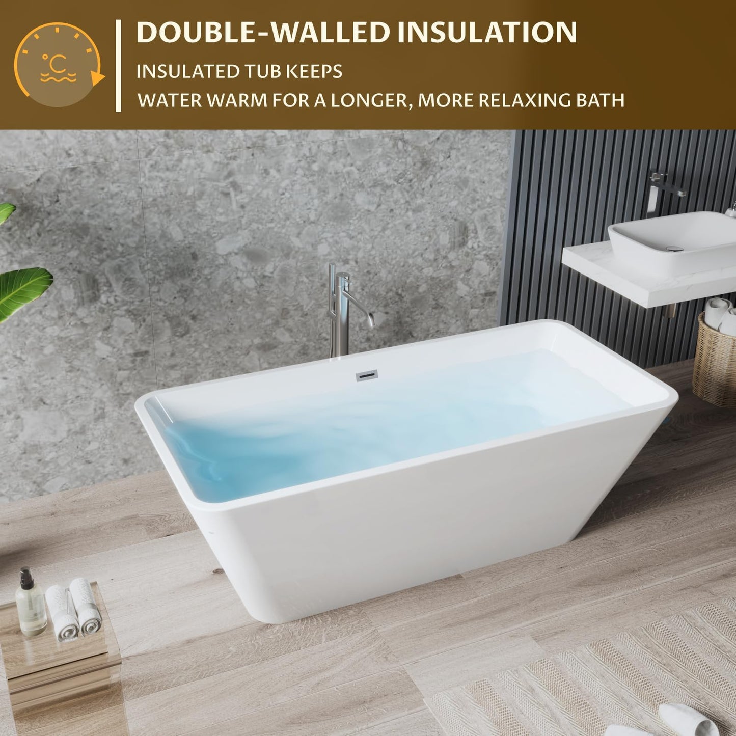 66 Inch Freestanding Bathtub, Modern Soaking Bathtub, Freestanding Rectangular Tub with Non-Slip Base and Easy Drain, Deep Design for Adults, Ideal for Bathroom Relaxation, Chrome Drain, White