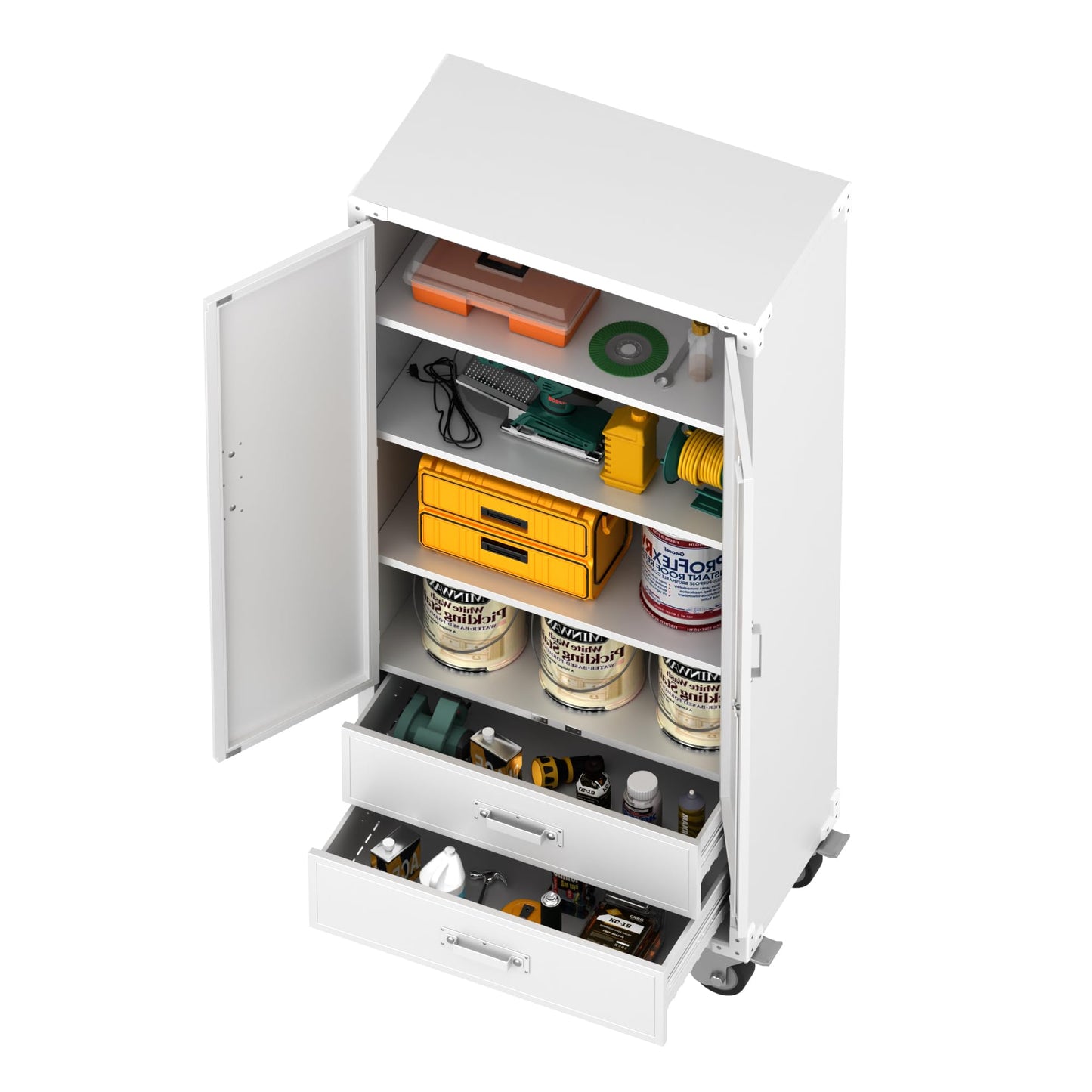 SUXXAN Rolling Storage Cabinet with 2 Doors and 2 Drawers, Heavy Duty Metal Storage Cabinet with Shelves, Locking Steel Cabinet for Warehouse, Home, Office (White)