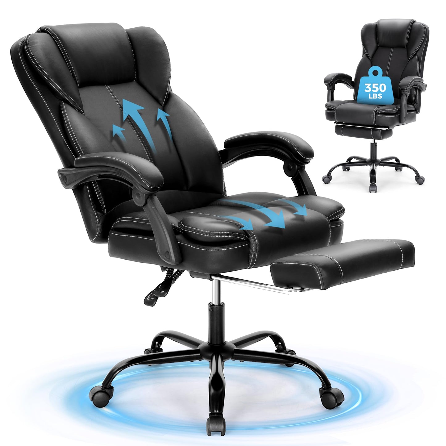MAISON ARTS Ergonomic Office Chair, Big and Tall Executive Chair with Foot Rest, Computer Desk Chair with Padded Armrests, Rolling Swivel Faux Leather Chair for Home Office Man Woman, Black