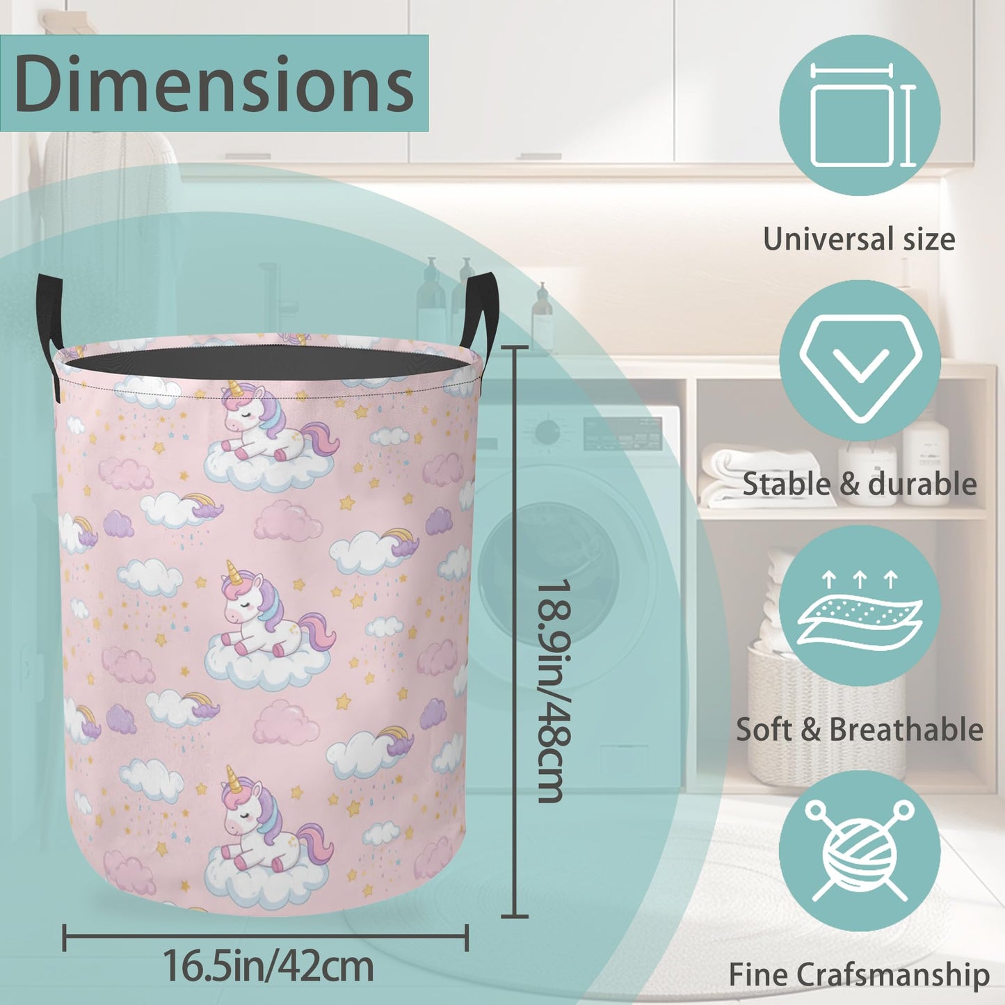 Cute Pink Unicorn Round Laundry Hamper Storage Basket Toys Clothes Organizer Bin For Home Bathroom Bedroom Dorm Nursery