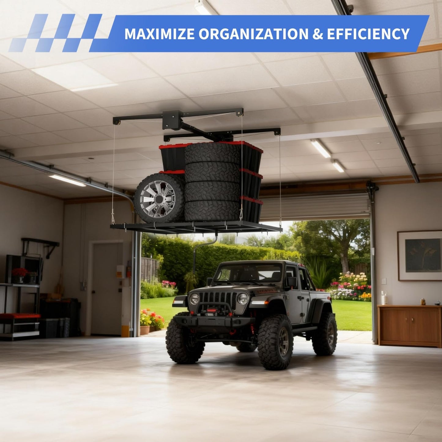 EliteEdge 【Dual-Cable Safety · Crank Lift System】 4x4ft Overhead Garage Storage Rack with 350lb Capacity - Heavy Duty Garage Ceiling Storage Racks for Space-Saving