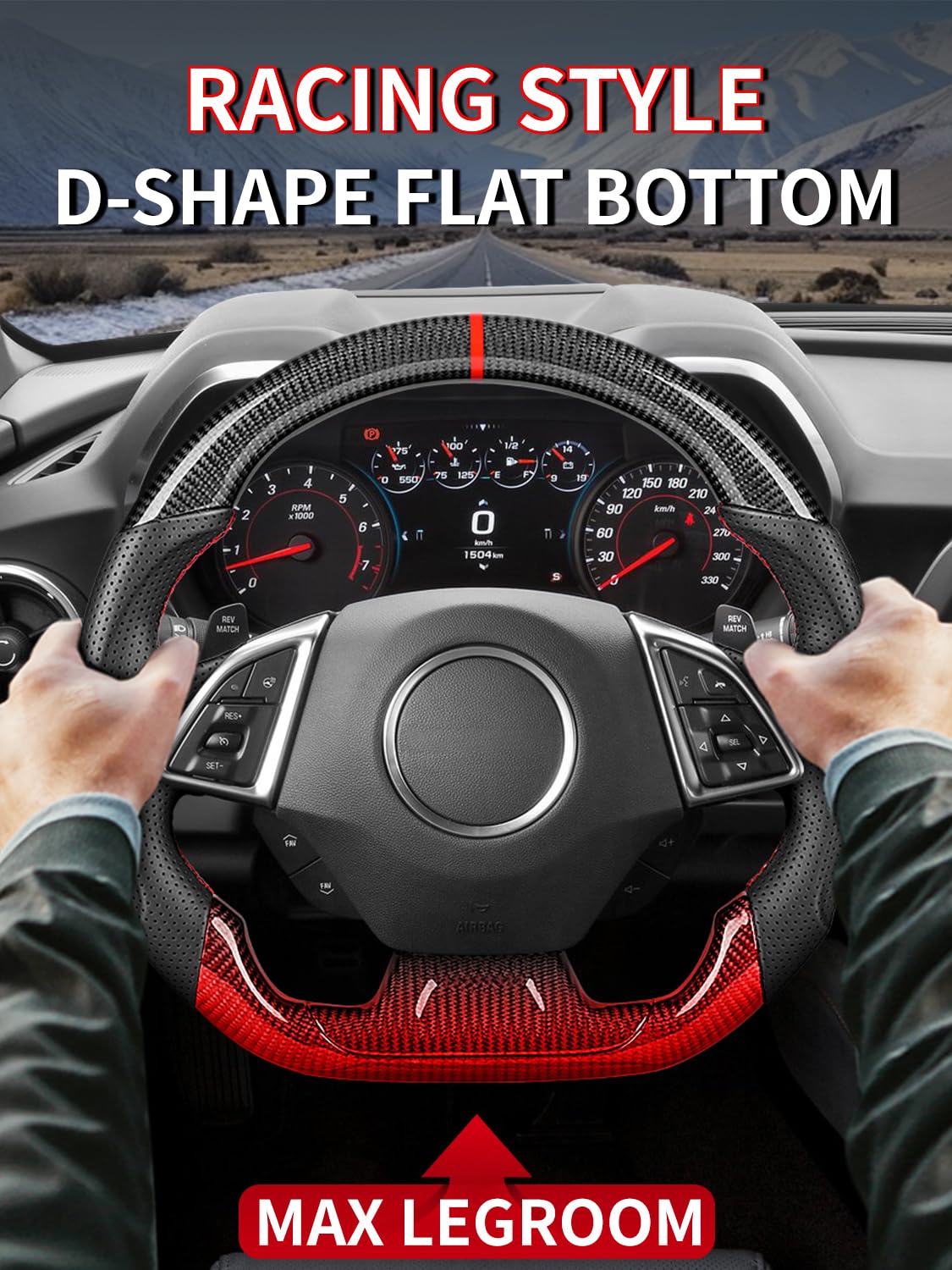 Real Carbon Fiber Steering Wheel for Chevy Camaro 2016-2026, Track Style D-Shape Flat Bottom Non-Slip Perforated Leather Grip, Replacement Interior Upgrade, for SS ZL1 LT RS LS LT