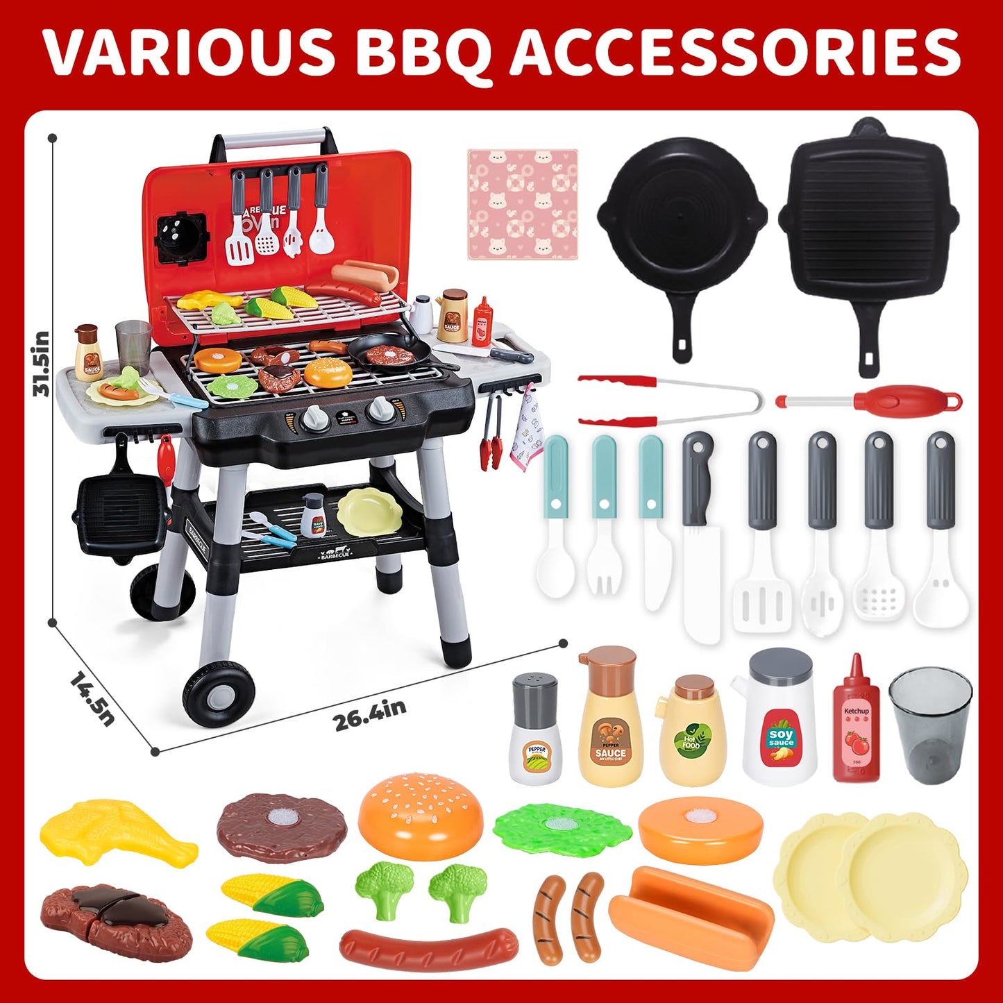 Kids Play Kitchen Toys, Kids BBQ Grill Playset with Smoke Sound Light, 2-Layer Barbecue Toy with Wheel, Outdoor Play Grill Toys for Toddlers 3-5, Play Food Toys Cooking Set, Birthday Gift for Boy Girl