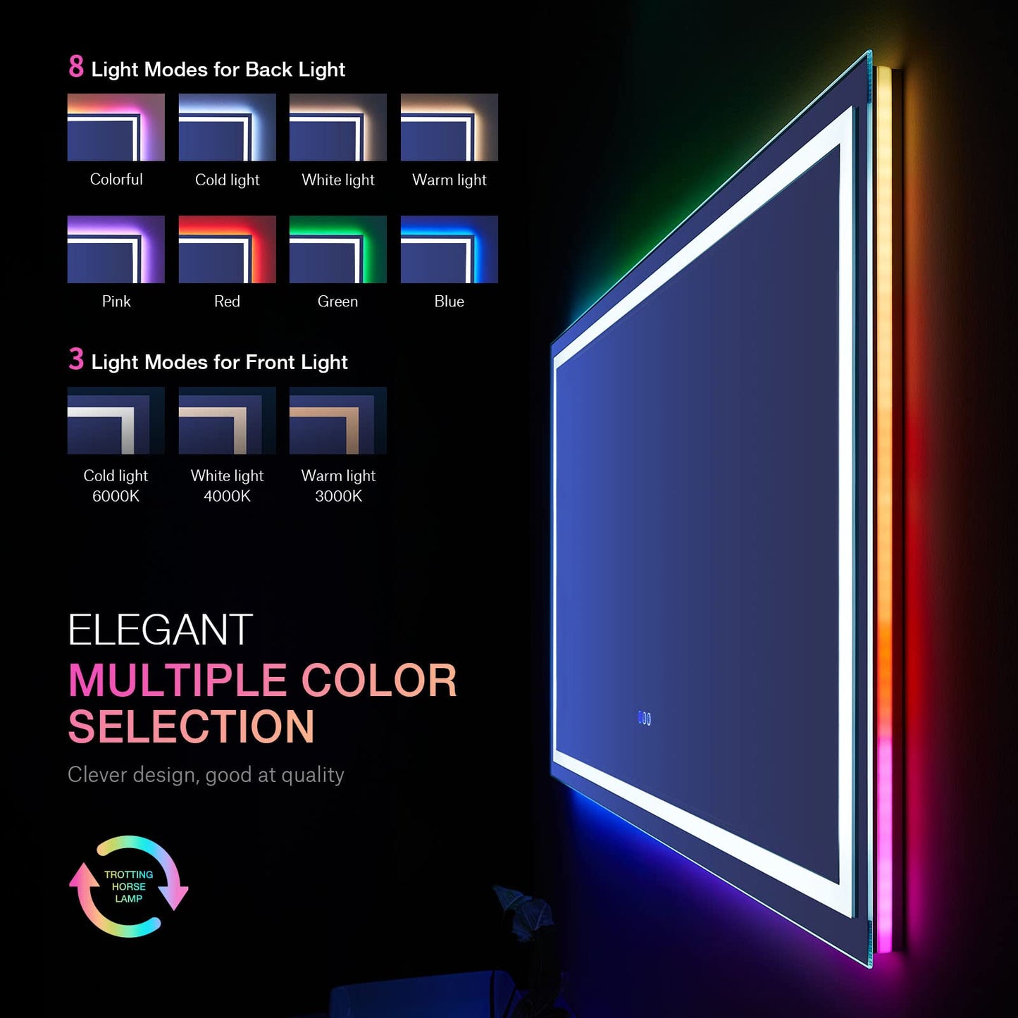 LOAAO 60”X40“ RGB LED Bathroom Mirror with Lights, Large, Anti-Fog, Dimmable Smart Lighted Bathroom Vanity Mirror, Multiple Light Modes, RGB Backlit + Front Light, Memory Function, Tempered Glass