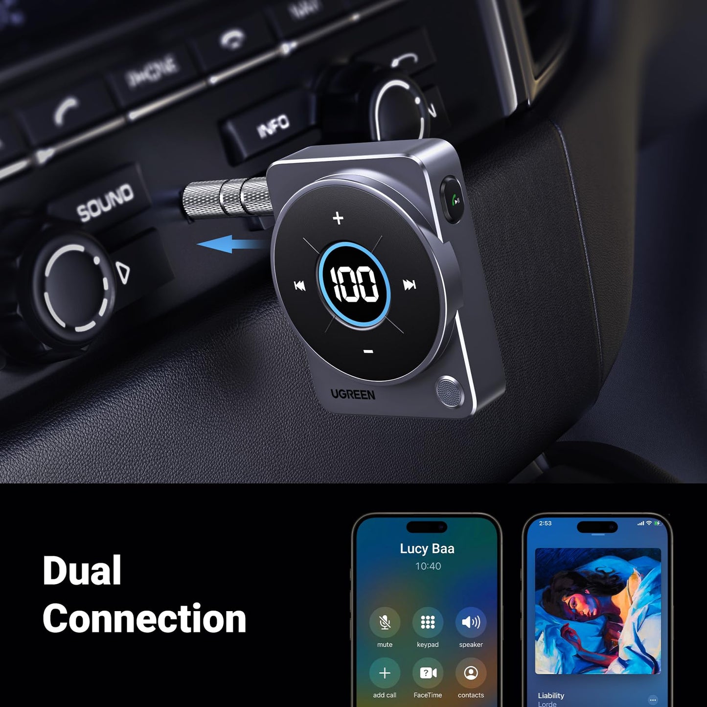 UGREEN 5.4 Bluetooth Car Adapter, [Noise Cancellation] Aux Bluetooth Receiver for Car, 3.5mm Wireless Audio Receiver for Music/Hands-Free Call/Home Stereo/Wired Speaker, 20H Battery Life