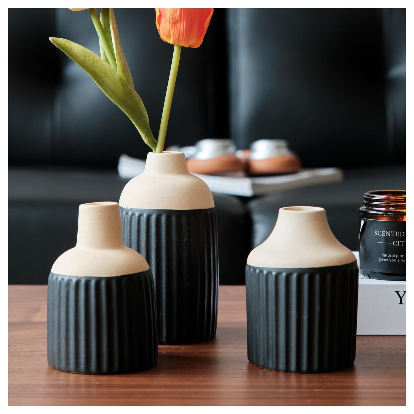 Bud Flower Vase Set of 3 - Modern Boho Aesthetic Ceramic Decorations - Small Decorative Vases Home Decor for Living Room Coffee Table Book Shelf Shelves Mantle Entryway Centerpiece (Beige White)