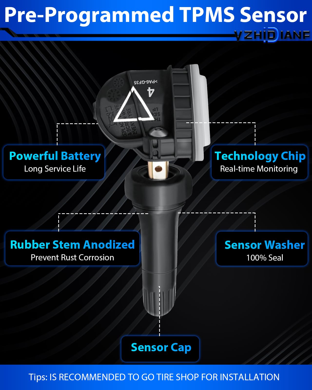 YZHIDIANF Pre-Programed TPMS Sensor for:-Chevy Traverse 2016 2017 2018 2019 2020 2021 2022 Impala 2017 2018 Camaro Malibu for:-Buick for:-GMC for:-Cadillac, Tire Pressure Sensors 13598773 433MHZ(4)
