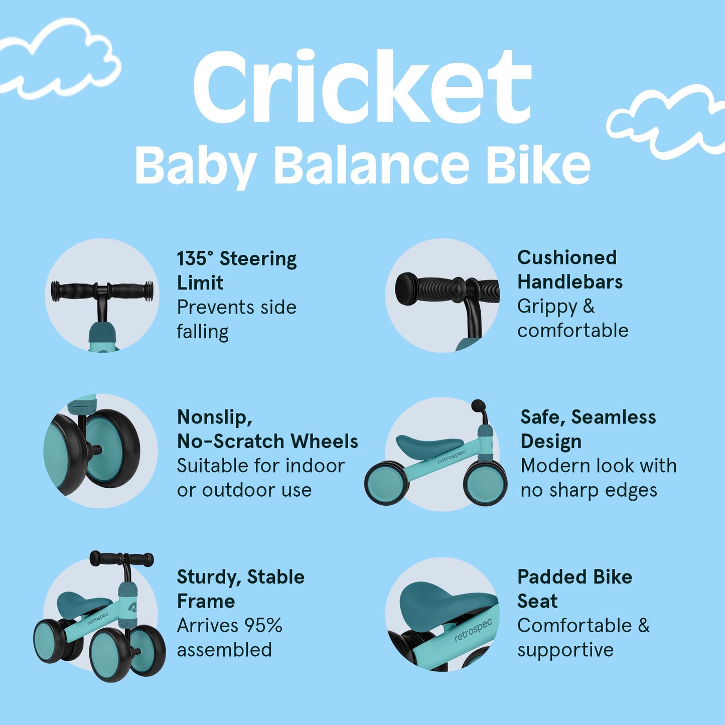 Retrospec Cricket Baby Balance Bike, 4-Wheel Ride-On Toy for Ages 12-24 Months – First Bike & Toddler Bike for 1 Year Old Boys & Girls, First Birthday Gift