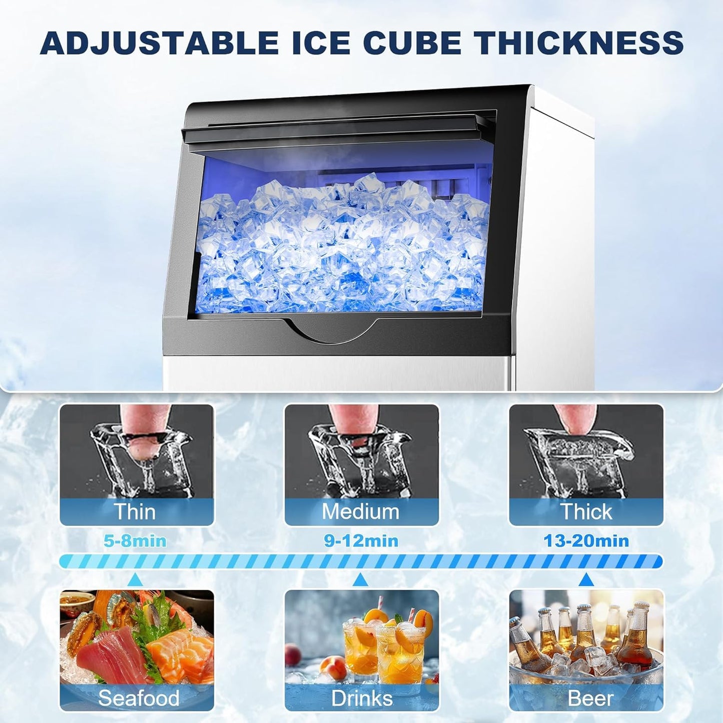Zomagas Ice Maker,110LBS/24H Commercial Ice Machine Stainless Steel Ice Maker Machine with 25LBS Capacity,45 Ice Cubes in 12-15 Minutes,Self-Cleaning,Ideal for Restaurant,Bars,Home,Includes Scoop