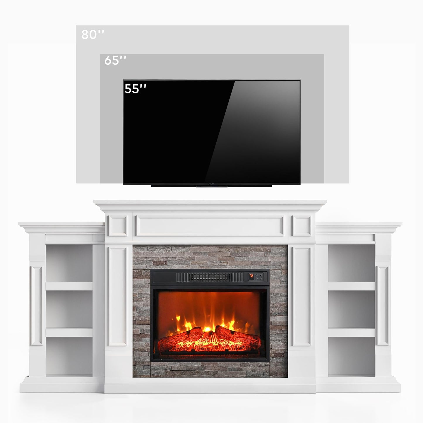 72" Electric Fireplace with Mantel, Fireplace TV Stand for TVs Up to 80 Inch, Modern Entertainment Center with Storage, Realistic Stacked Stone Surround with Remote Control for Living Room, Bedroom