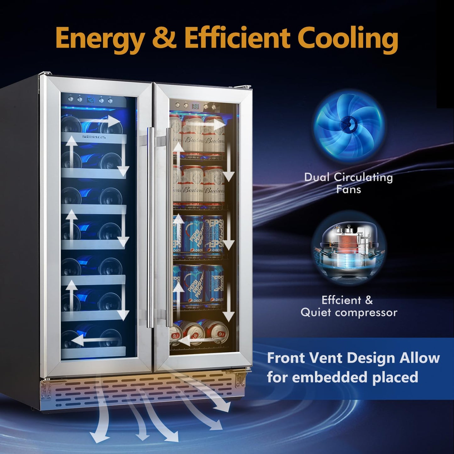 Phiestina Wine and Beverage Refrigerator, 24’’ Wine Cooler- 20 Bottles&78 Cans, Built-in/Freestanding Dual Zone Wine Fridge with Glass Door, Removable Shelves for Home/Bar/Office