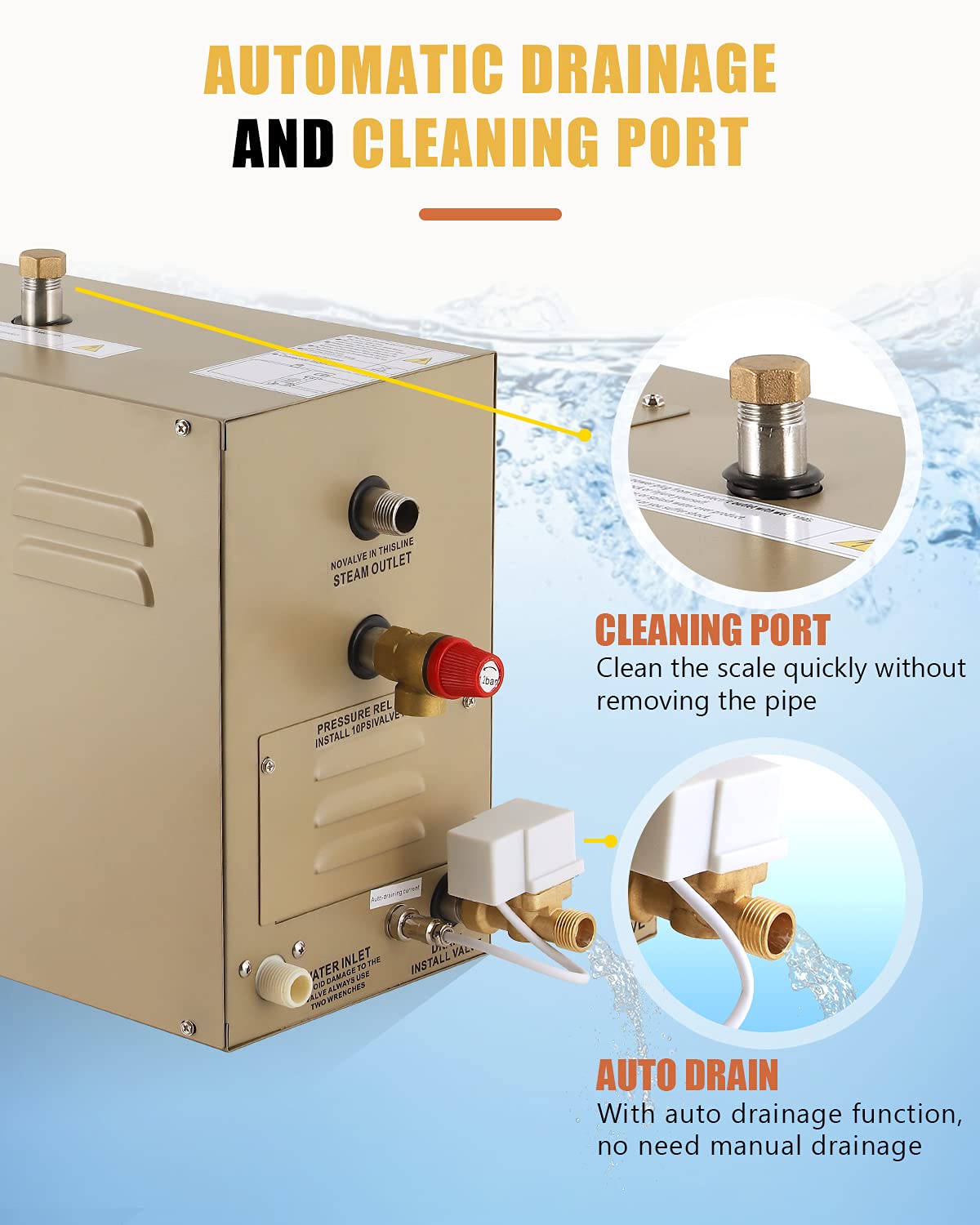 CGOLDENWALL 7.5KW Commercial Self-Draining Steam Generator Shower System Home Steam Bath Spa Generator 30 min to 12 Hours Auto Drain 95-131℉ for Suitable Space Heating 8 m³/283Cubic feet (7.5KW)