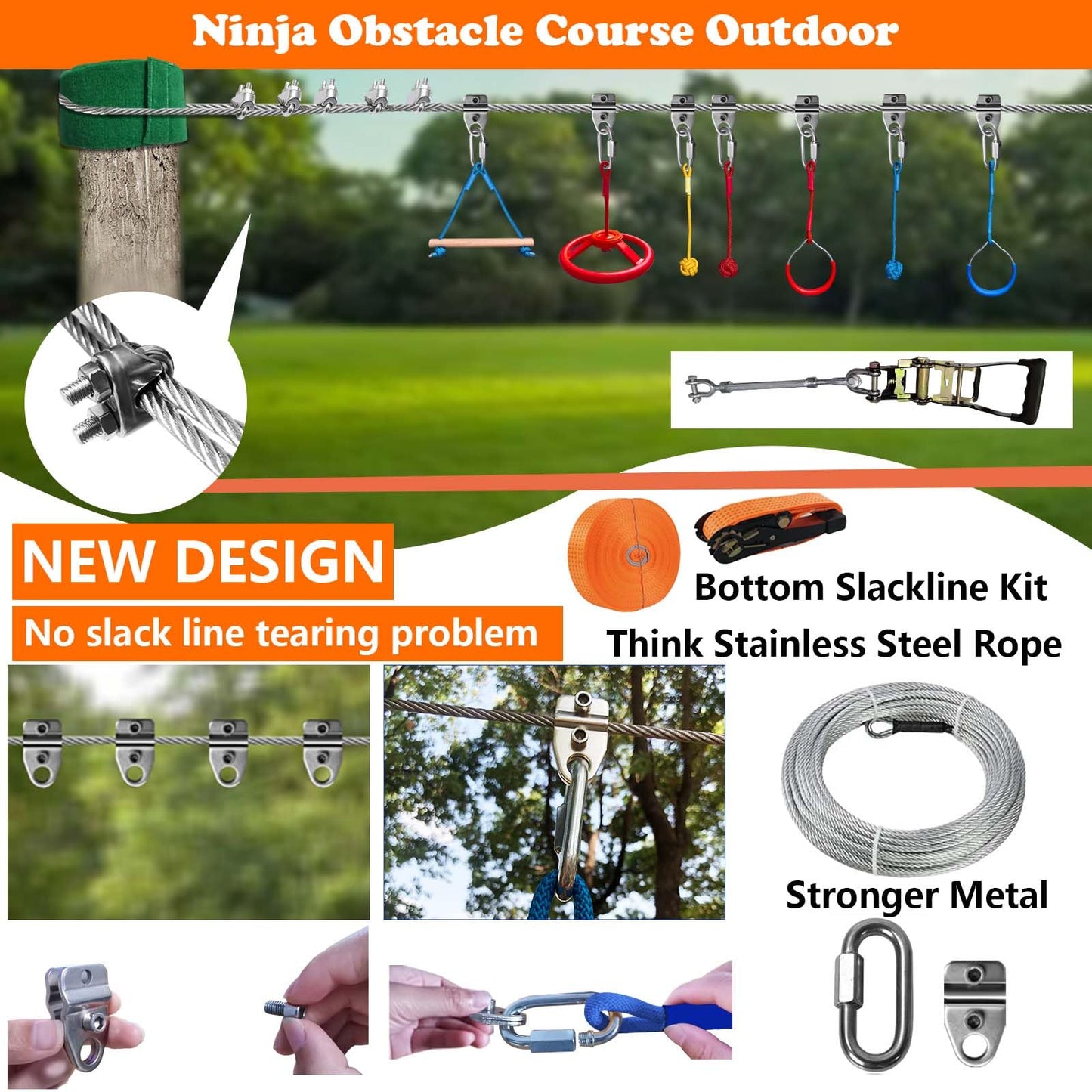 SZHTMZXC Ninja Warrior Obstacle Course for Kids Backyard Outdoor, 65ft Stainless Steel Main Cable, 65ft Bottom Slackline, Weatherproof, 14 Pcs Training Accessories, Climbing Net, Swing, Ladder