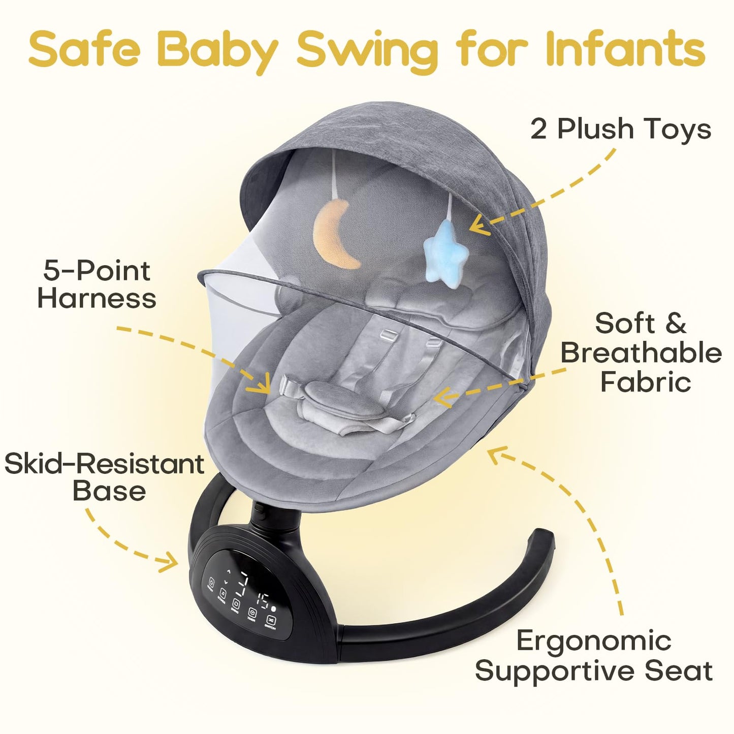 Baby Swings for Infants, Portable Baby Swing for Indoor and Outdoor, Bluetooth Baby Swing with Music Speaker, 5 Point Harness Belt, 5 Speeds and Timing
