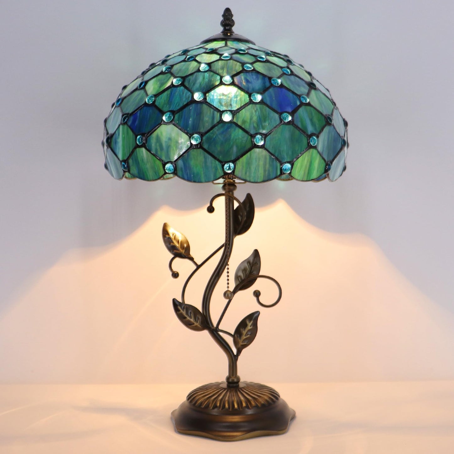 LXHCYOU Tiffany Table Lamp, Stained Glass Desk Light, W12H19 Inch, Metal Leaf Base (Sea Blue Pearl Style)