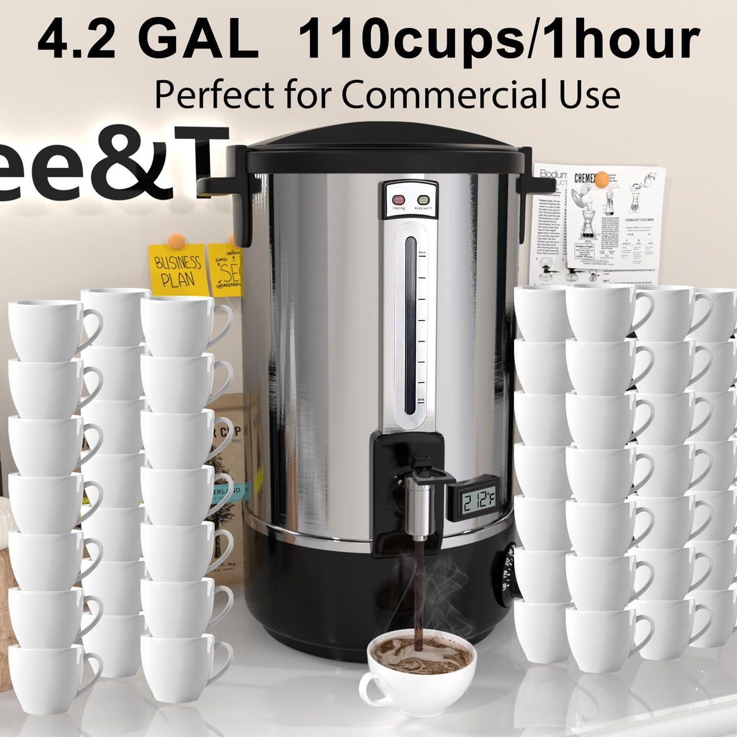 Commercial Coffee Urn，110 Cups/16.5L Stainless Steel Large Coffee Dispenser，Double Wall Electric Coffee Urn，Electric Coffee Maker Urn，Commercial Grade Percolate Coffee Maker Hot Water Urn for Catering