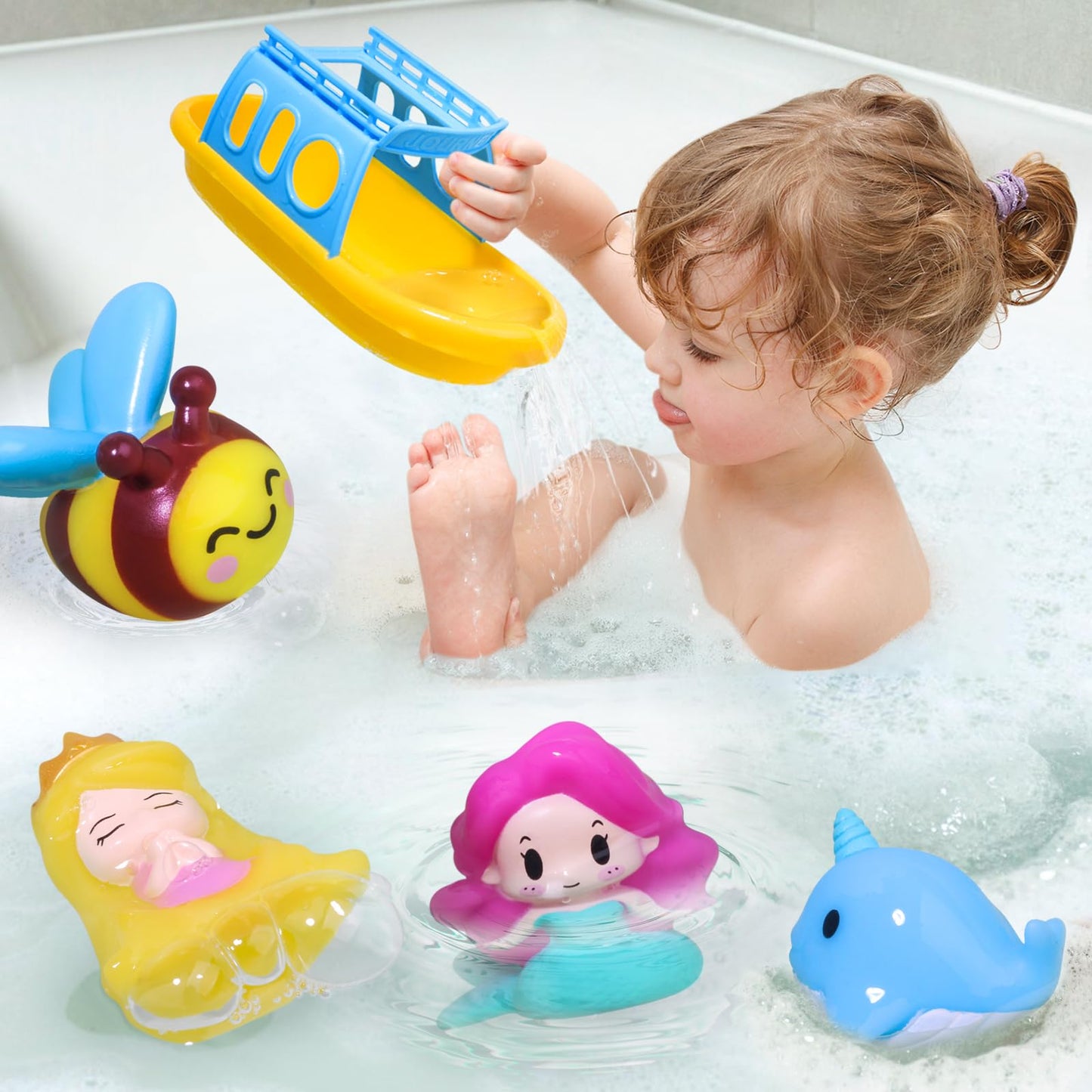 Oriate Mermaid Princess Finger Puppets Bath Toys(5 PCS) for Kids Toddlers 1-3 with Bath Boat, Baby Bathtub Shower Toys, Animal Whale Bee, Floating Water Beach Pool Toys Easter Eggs