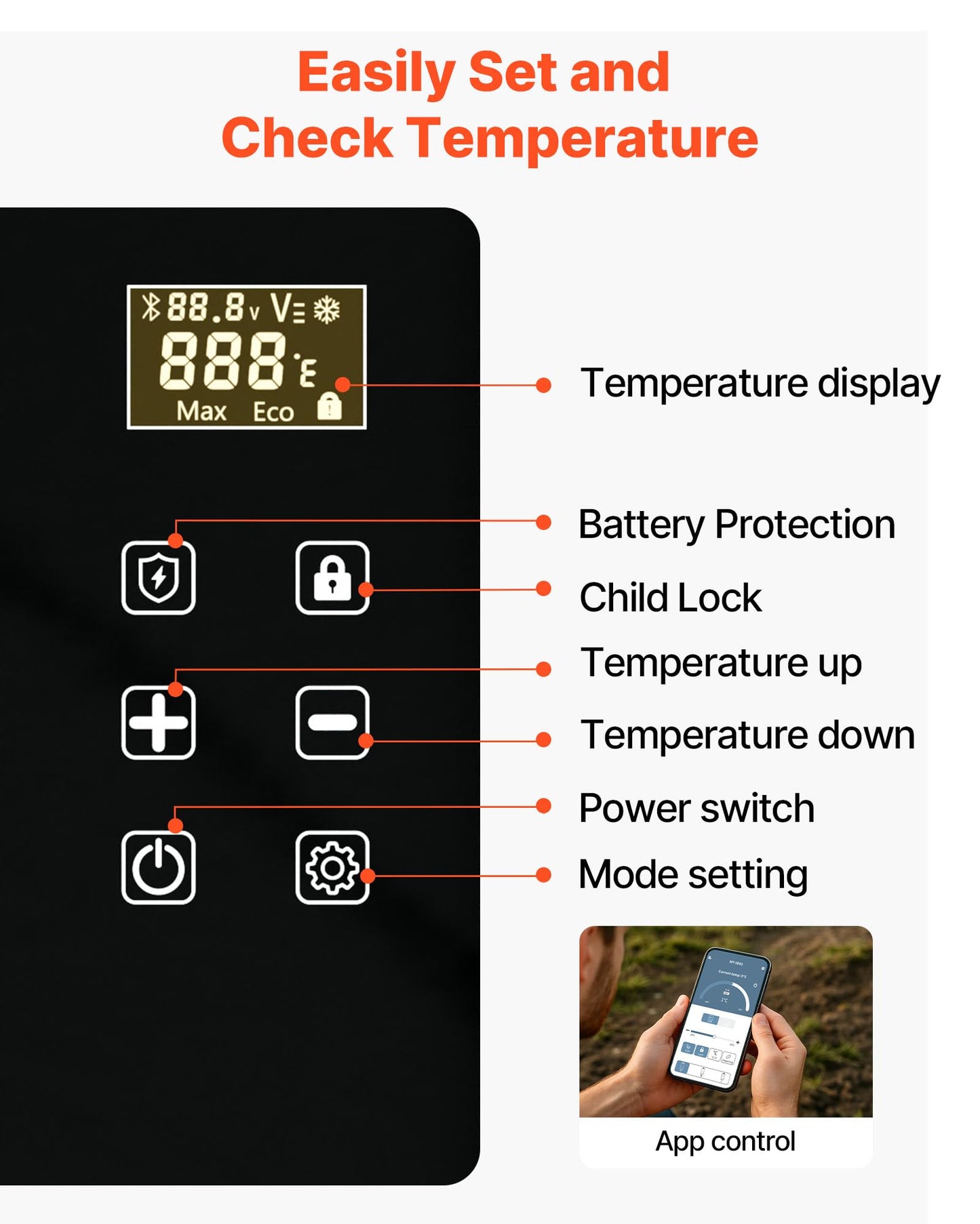 VEVOR Car Refrigerator, DC 12/24V AC100-240V Compressor Electric Cooler, -4°F to 68°F Car Fridge with APP Control, 23 QT Cars Freezer for RVs, Campsites, Boats, Camping, Fishing, 45W Portable Freezer