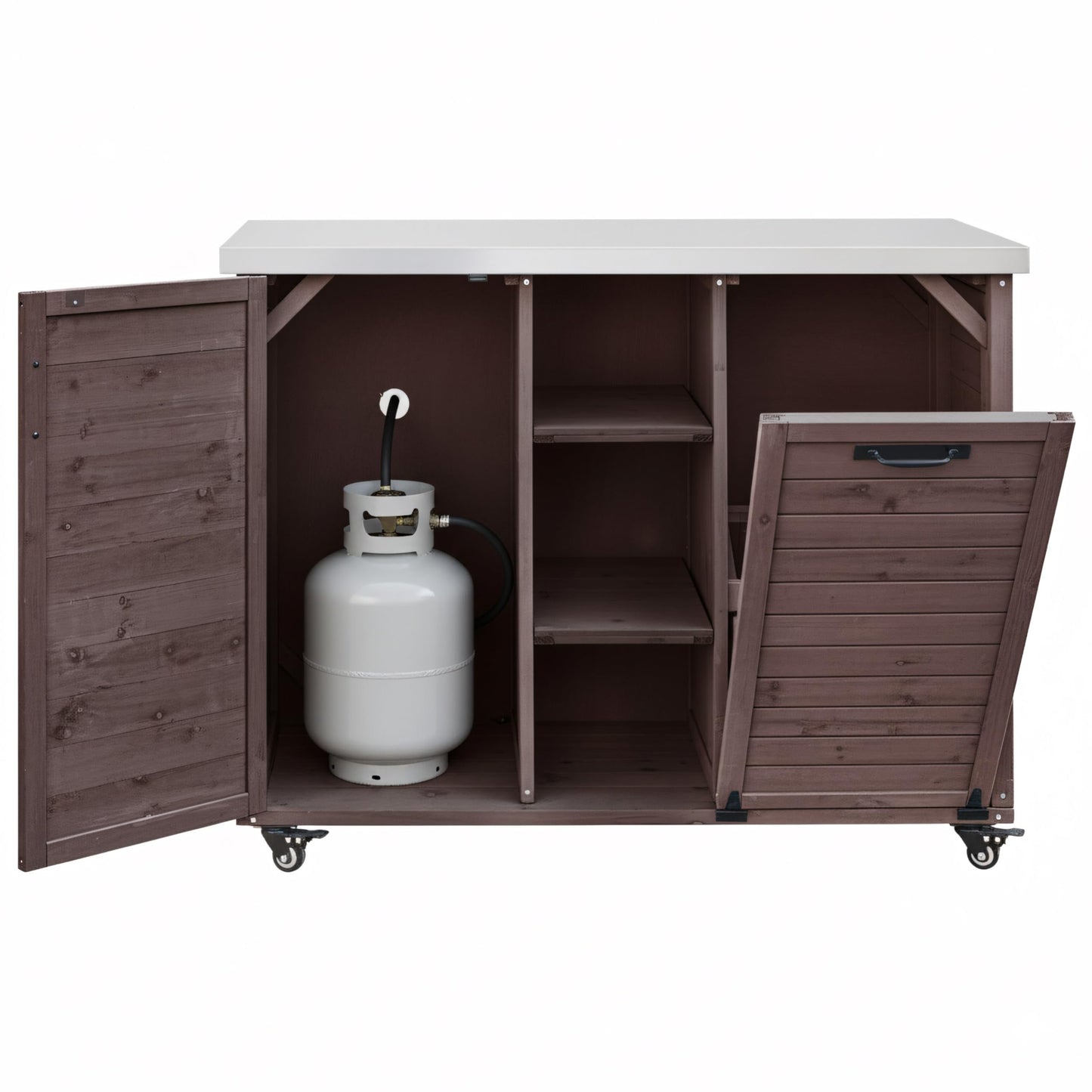 Merax 78.3" Outdoor Kitchen Island with Foldable Grill Table, Solid Wood Grill Cart with Storage & Stainless Steel Top, Bar Cart for Lawn & Garden, Dark Brown