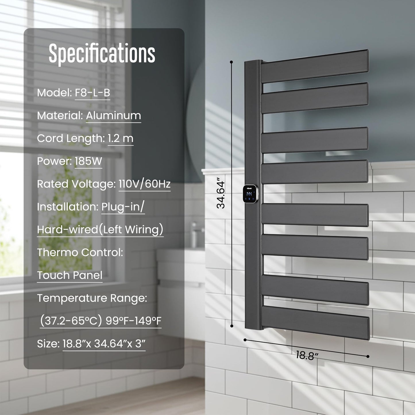 HStrukt Towel Warmer, Heated Towel Rack with Built-in Timer and Temperature Control,Hard-Wired(Left-Wiring)/Plug-in Wall-Mounted Towel Rail, Aluminum，18.8" W X 34.64" H, Black