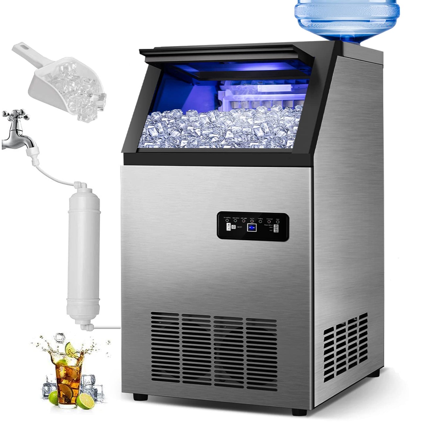 Commercial Ice Maker Machine 120Lbs/24H with 35Lbs Ice Capacity, 45Pcs Clear Ice Cubes Ready in 11-20Mins, Stainless Steel Under Counter Freestanding Large Ice Machine, 2 Water Inlet Modes