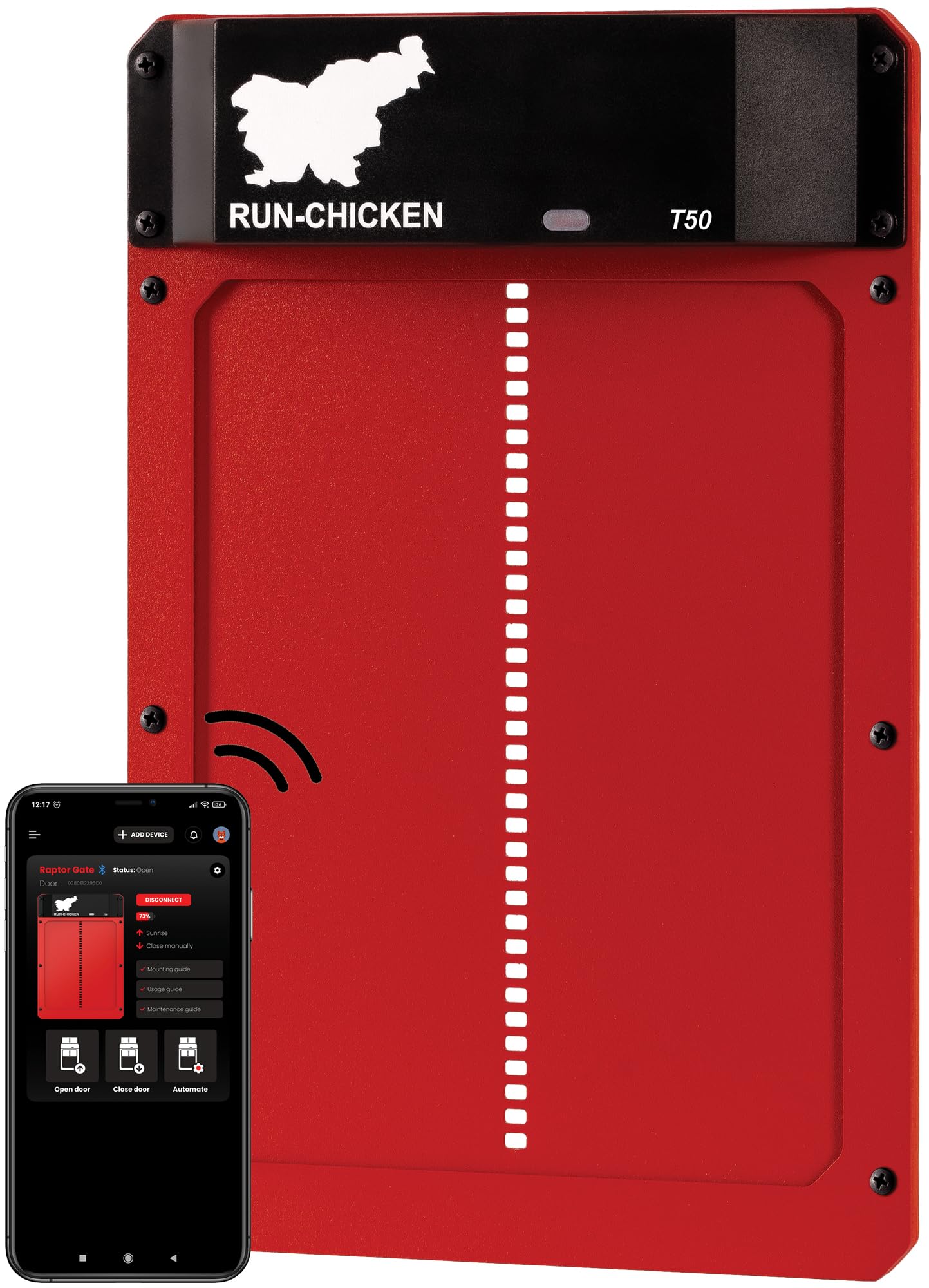 Run-Chicken Door T50 – Automatic Chicken Coop Door Opener, Battery Powered & Weatherproof Aluminum, Smart App & Timer Control, Predator Proof, Easy Install, Reliable All-Season Performance (Red)