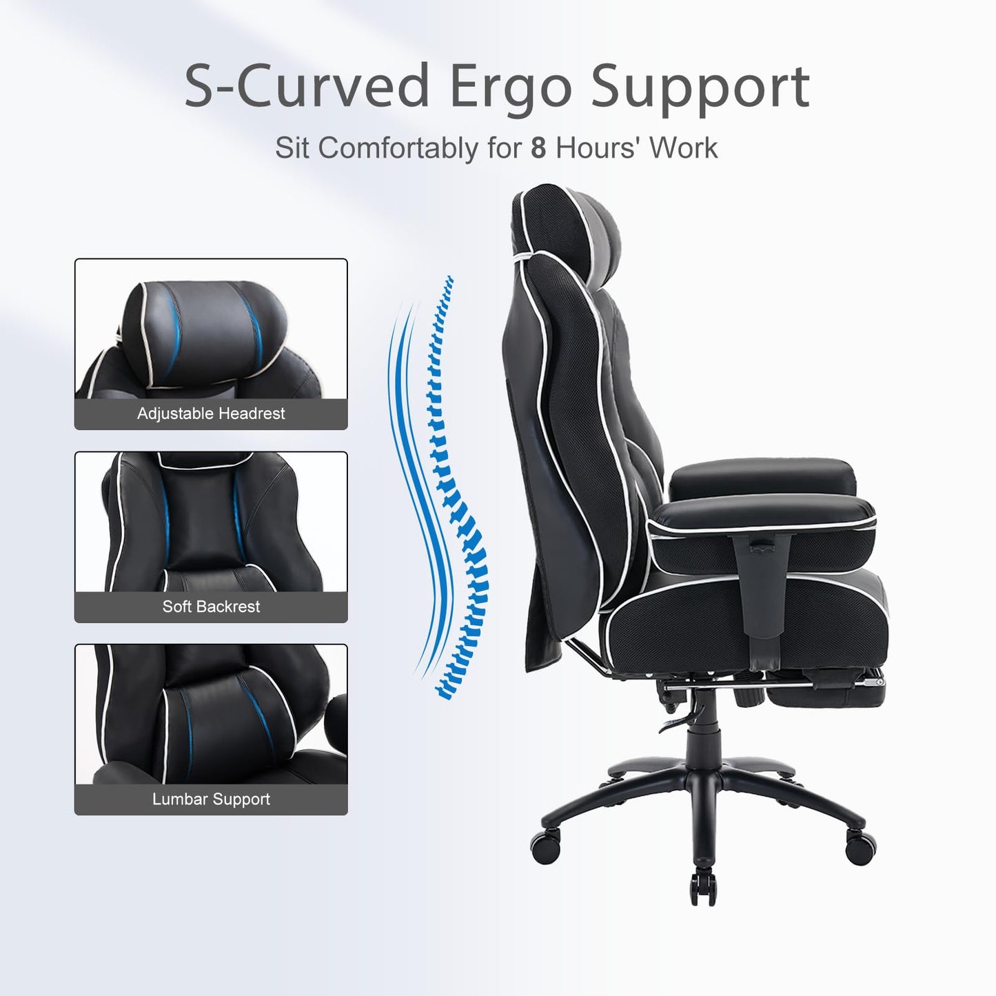 DJ·Wang Big and Tall Office Chair with Foot Rest, High Back Executive Office Chair PU Leather, Ergonomic Chairs with Lumbar Support, 135° Reclining Chairs with Thickened Spring Cushion Black