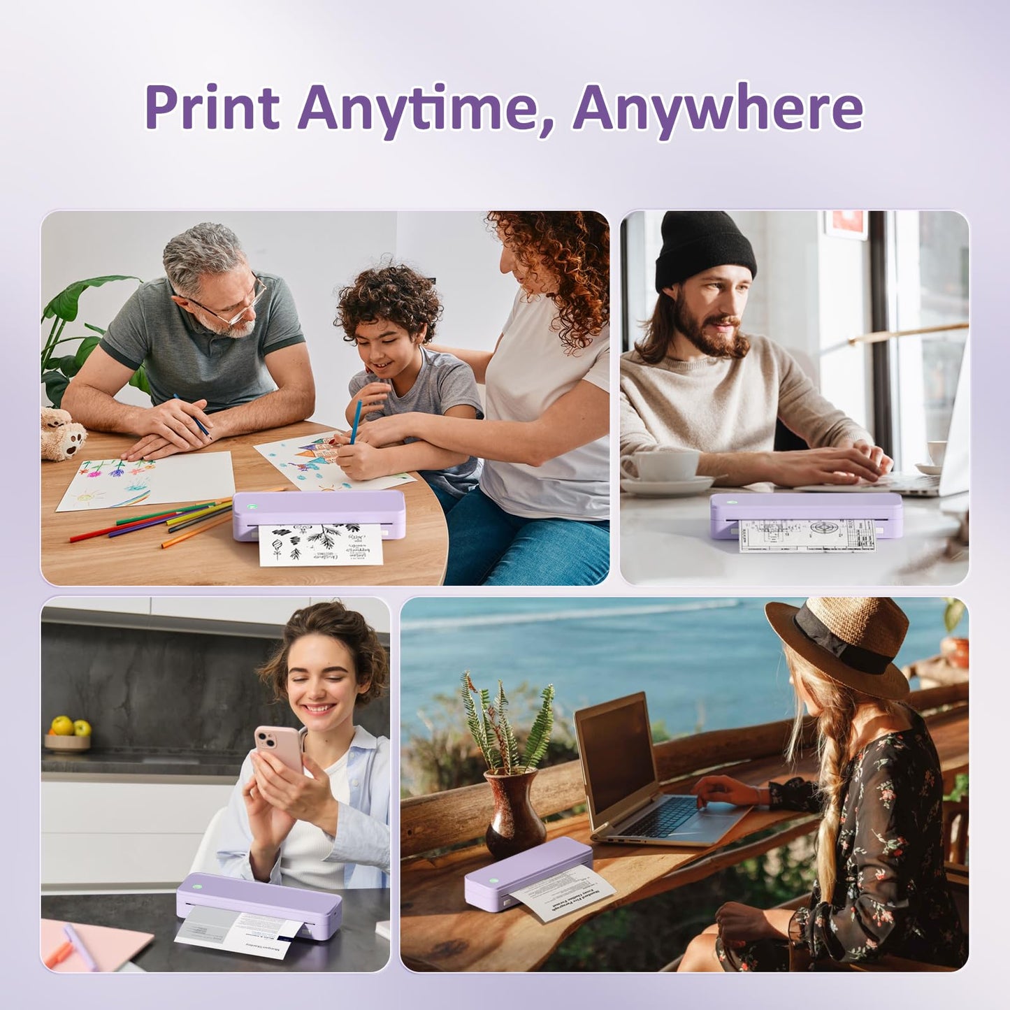 Gloryang Inkless Portable Printer for Travel, Wireless Thermal Printer Supports 8.5 x 11 Inch US Letter Size, Bluetooth Machine Includes Carry Case and 3 Rolls of Thermal Paper Kit, Purple