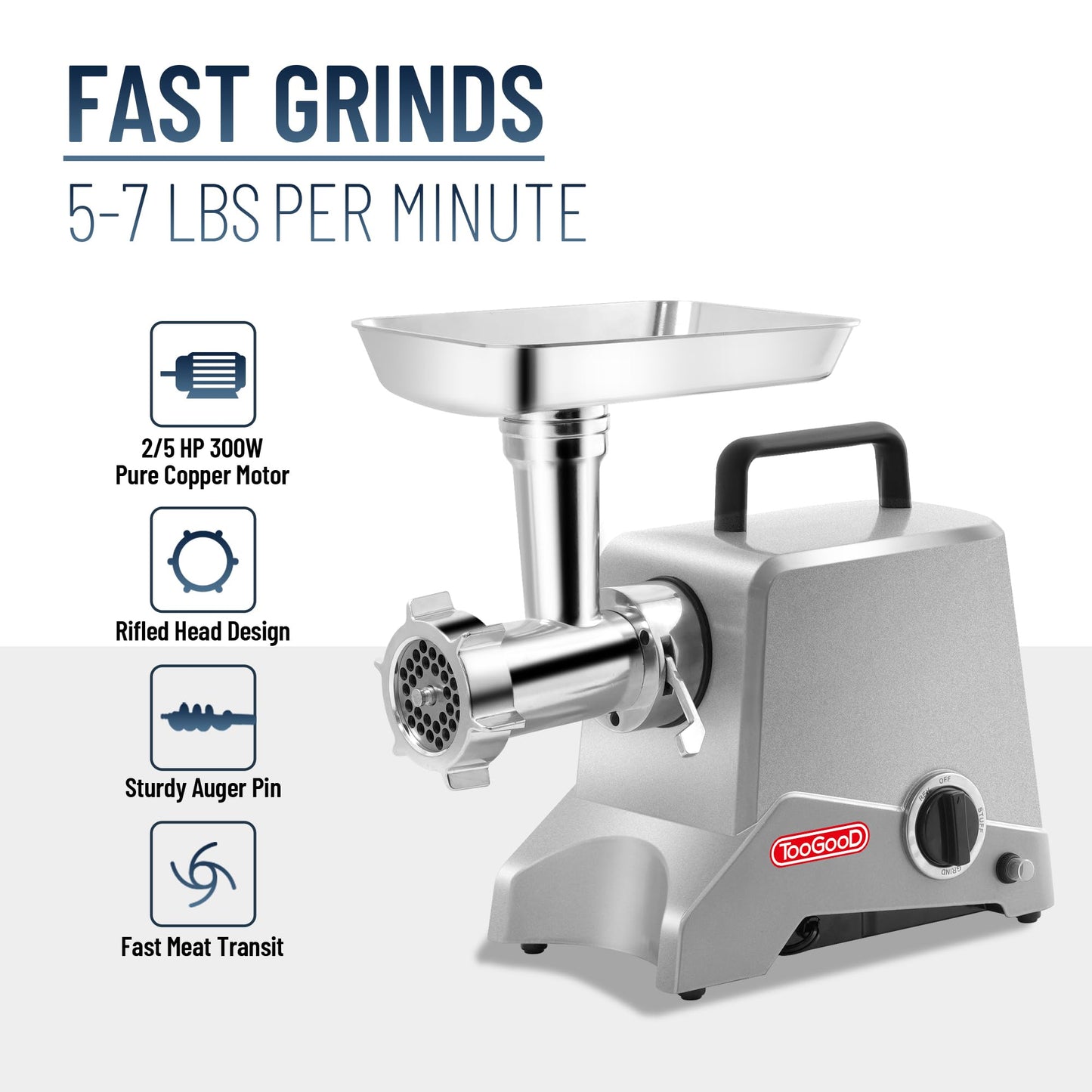 TOOGOOD #12 Electric Meat Grinder, Heavy Duty Meat Grinder and Sausage Stuffer Maker, Ideal Meat Grinder Machine for Home and Commercial Use,575 Watt Aluminum Housing, Silver