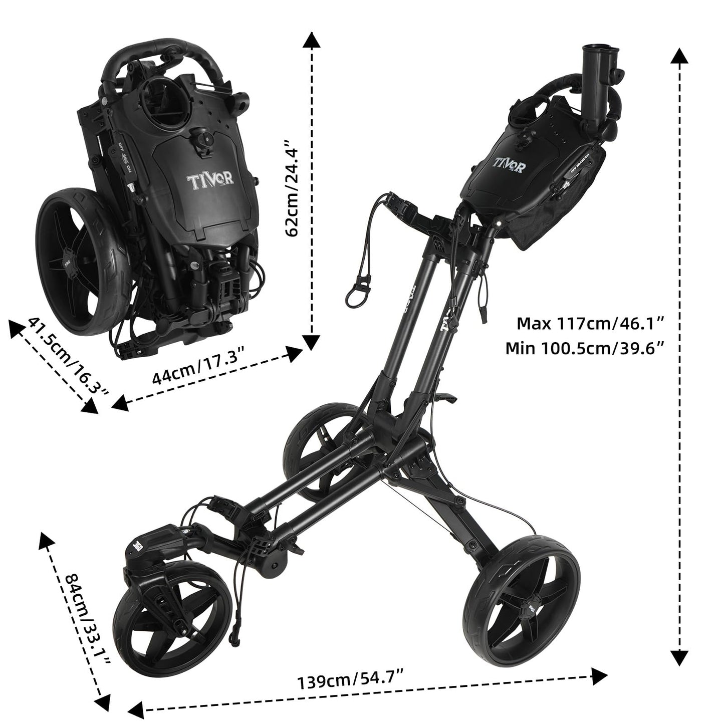 Golf Push Cart with 360° Front Wheels & Handbrake,Tivor 3 Wheel Pull Cart Offers One-Click Folding and All-Terrain Mobility