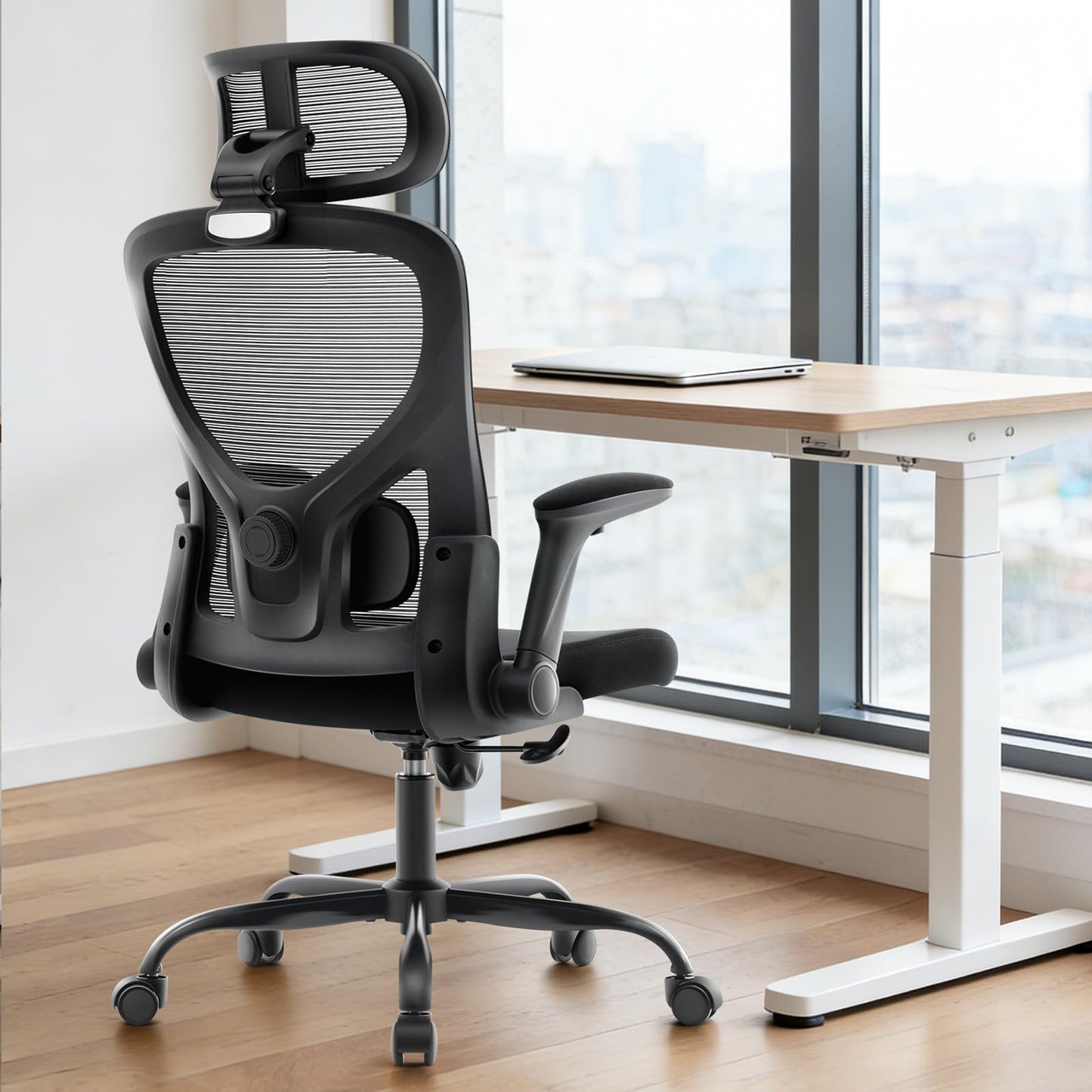 Morkprism Office Chair,Ergonomic Office Desk Chair with 2D Adjustable Lumbar Support,3D Headrest,2D Arms,330LBS High Back Mesh Computer Home Office Chairs Rolling Tilting Swivel Executive Chairs Black