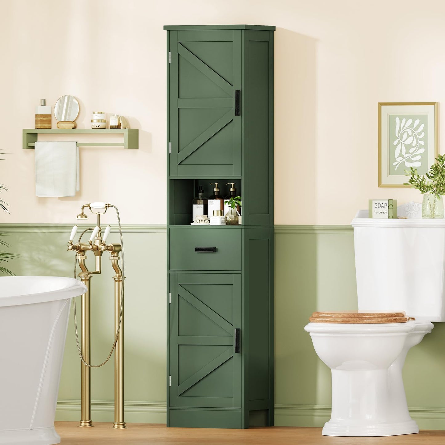 TEENFON 67" H Tall Bathroom Storage Cabinet with Barn Doors and Drawer, Narrow Bathroom Cabinet, Narrow Storage Unit, Adjustable Shelves, Floor Cabinets for Living Room, Forest Green UNSNG091V