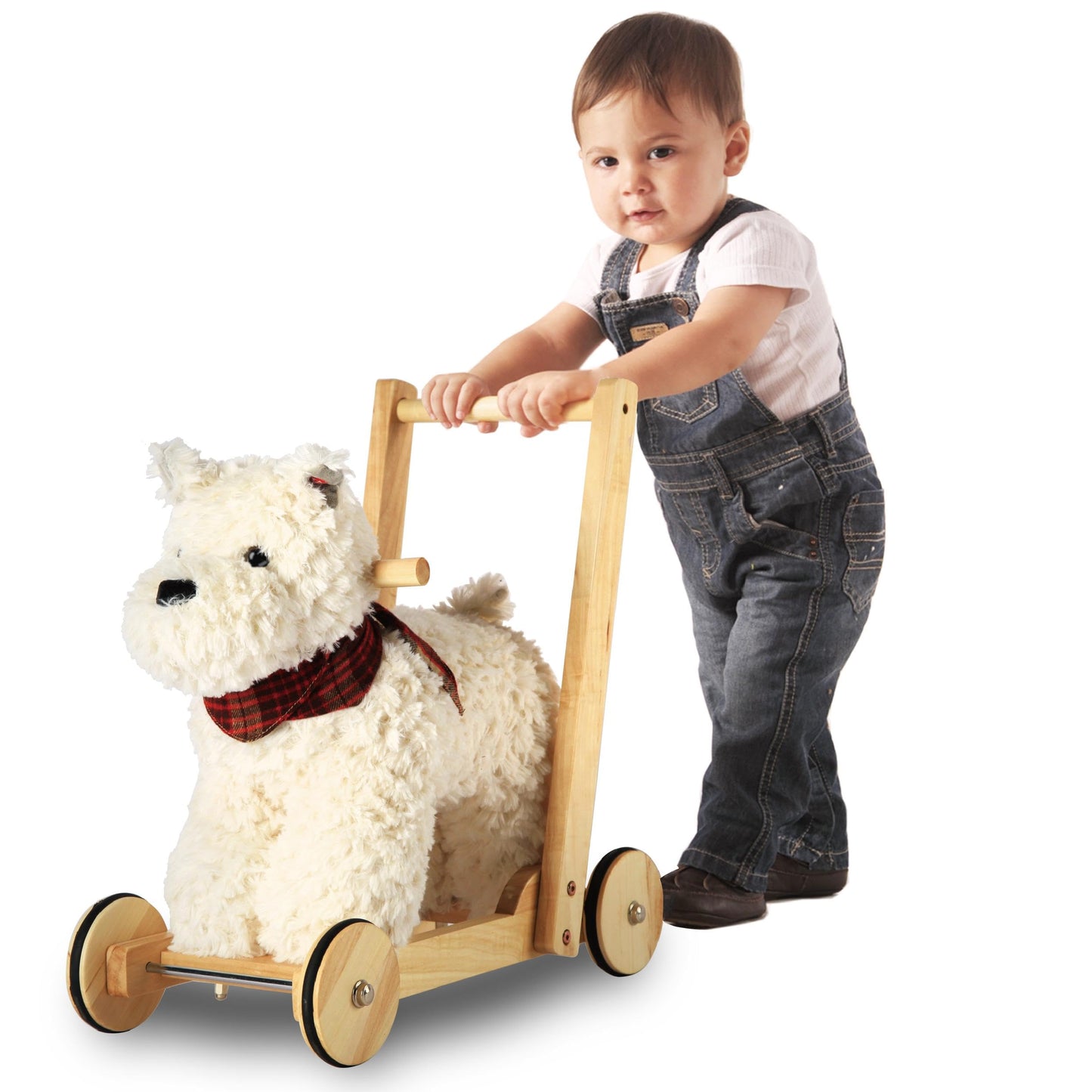 Rock My Baby Wooden Baby Walker, Baby Push Walker with Wheels for 12M+, Toddler Learning to Walk Toy with Sweet Music ＆ Animal Seat 2 in 1 Sit-to-Stand Walker Toy Gift for Boy Girl (Scottie Dog)