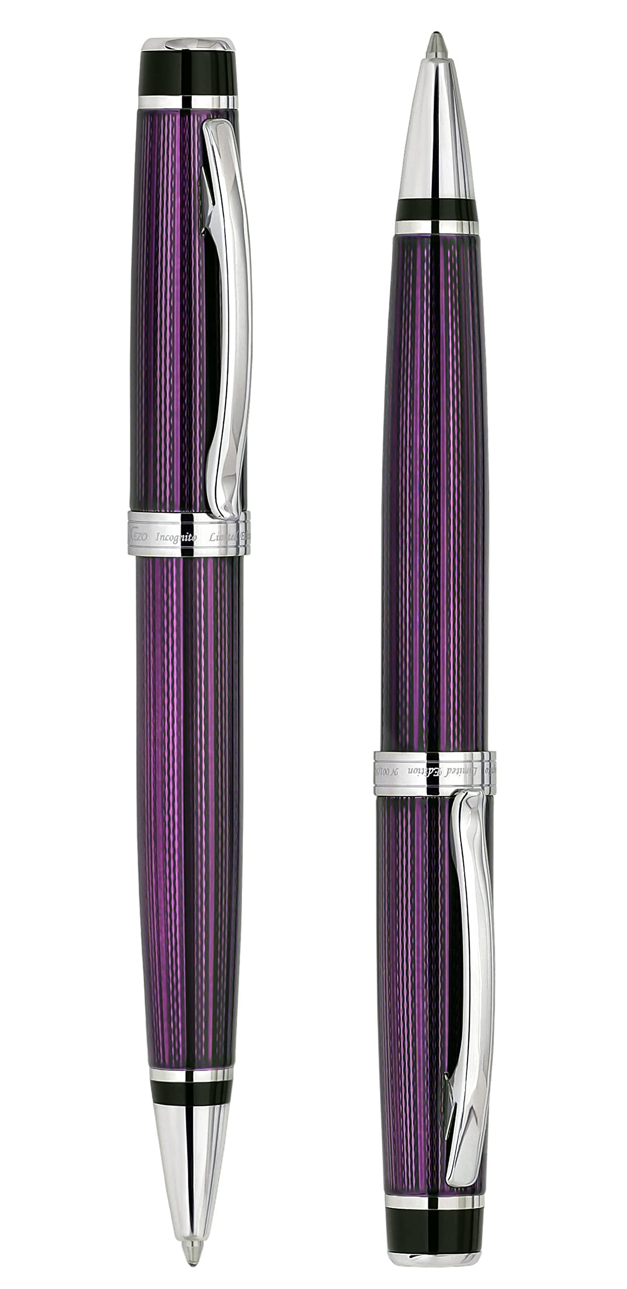Xezo Incognito Brass Ballpoint Pen in Purple Metallic Color, Diamond-Cut Engraved, Serial, Platinum Plated Parts (Incognito Purple B-2)