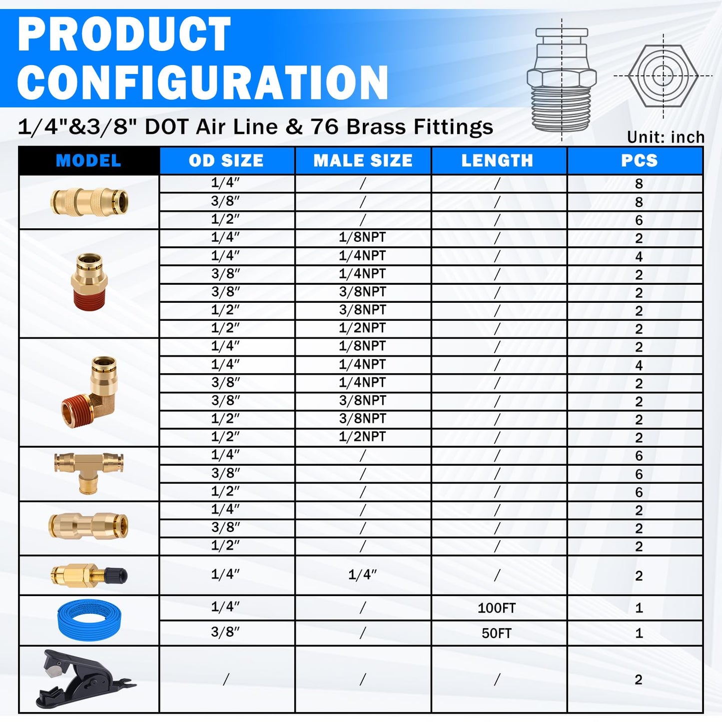 CheeMuii 76 PCS Brass DOT Air Line Fittings with 100FT 1/4" and 50FT 3/8" Blue DOT Air Lines Kit Push Lock Air Line Quick Connect Fittings with Pneumatic Tubing Set
