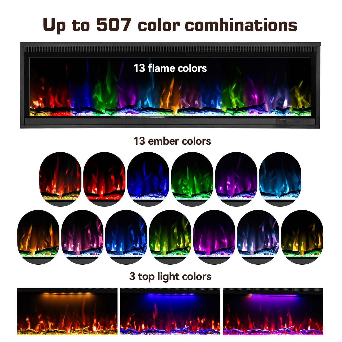 60" Linear Electric Fireplace Heater Insert: Ultra-Narrow Frame Wide Screen, 13 Flame & Ember Colors, 3 Top Light Colors. Wall Mount/Recessed,1500W/750W with Remote & Touch Control, Log & Crystal Set